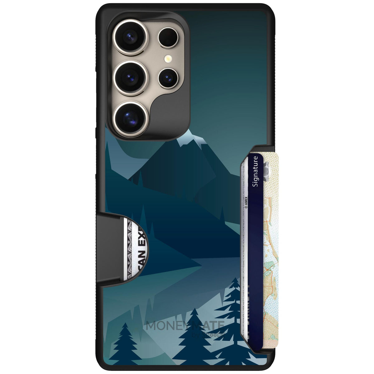 Midnight Ridge layered blue mountains and evergreen trees on a Scooch Moneymate case for Galaxy S25 Ultra