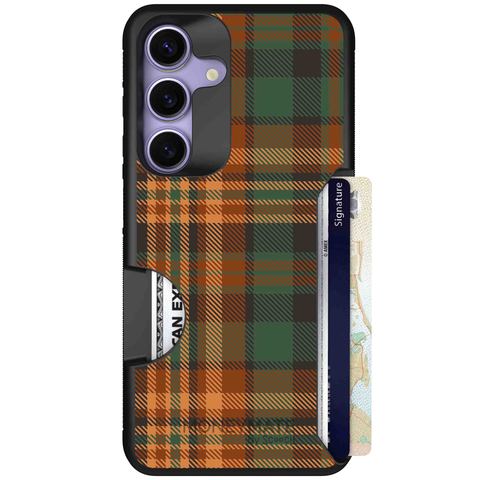 Fall Flannel orange and brown plaid pattern on a Scooch Moneymate case for Galaxy S25