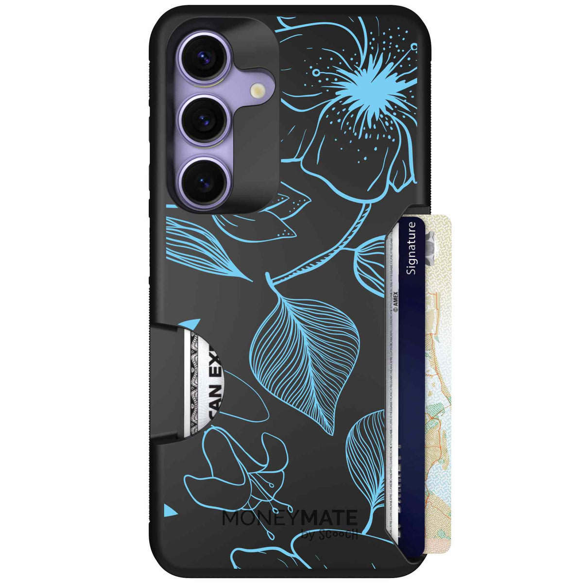 Blue Hibiscus cyan-blue tropical flower pattern on a charcoal Scooch Moneymate case for Galaxy S25