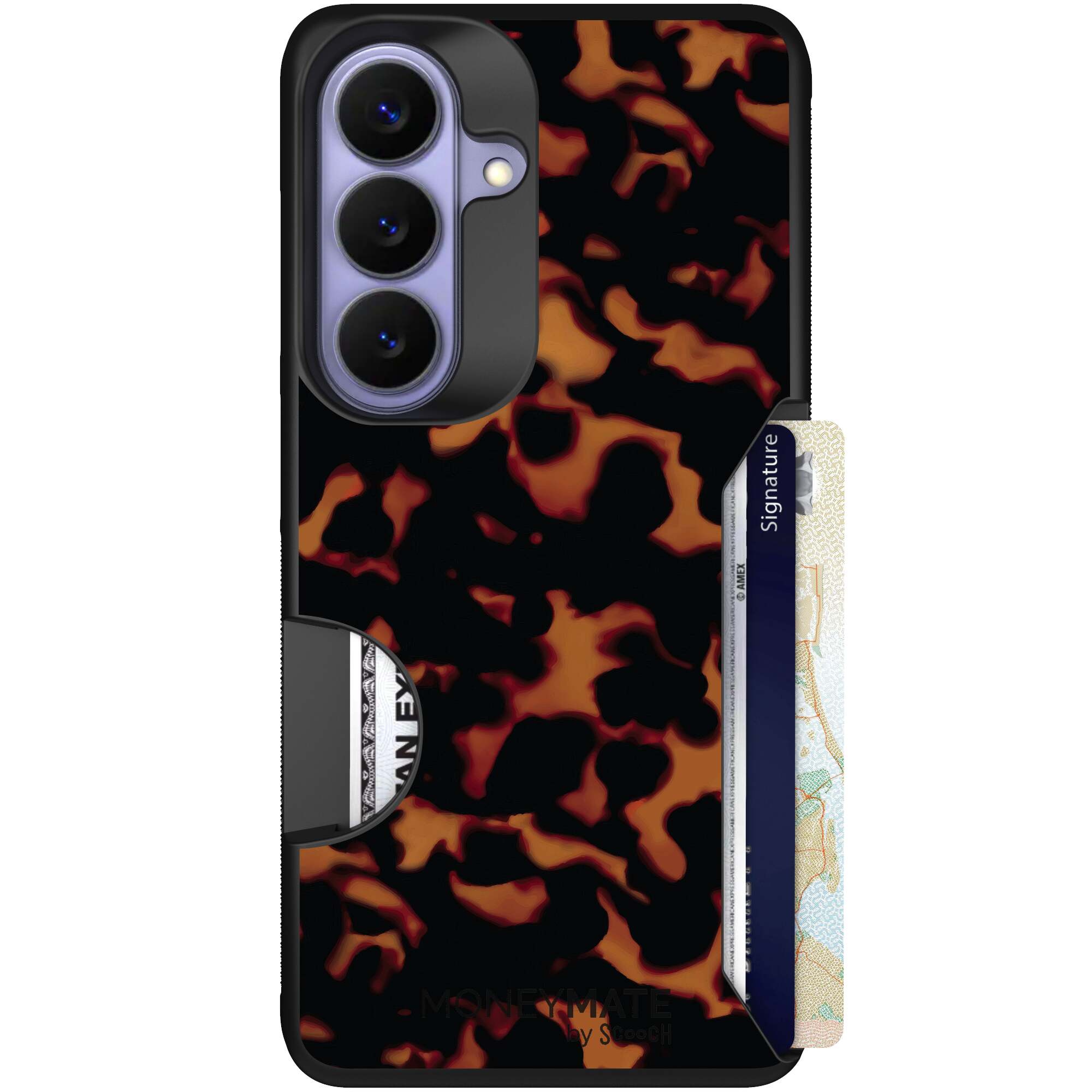 Tortoise Shell amber brown and black mottled pattern on a Scooch Moneymate case for Galaxy S26