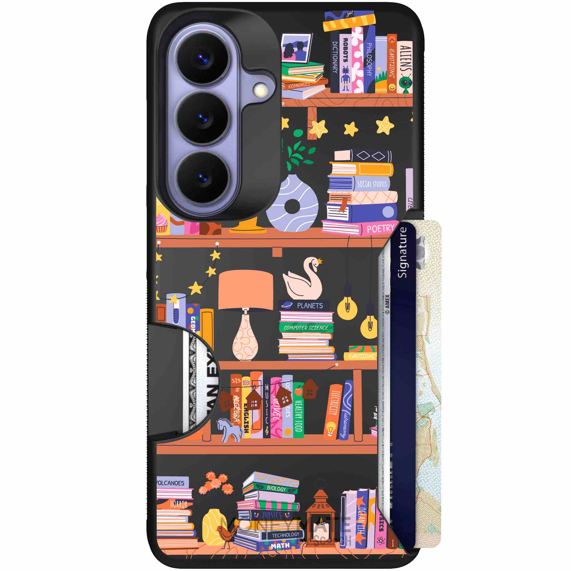 Little Library colorful book and bookshelf pattern on a Scooch Moneymate case for Galaxy S26
