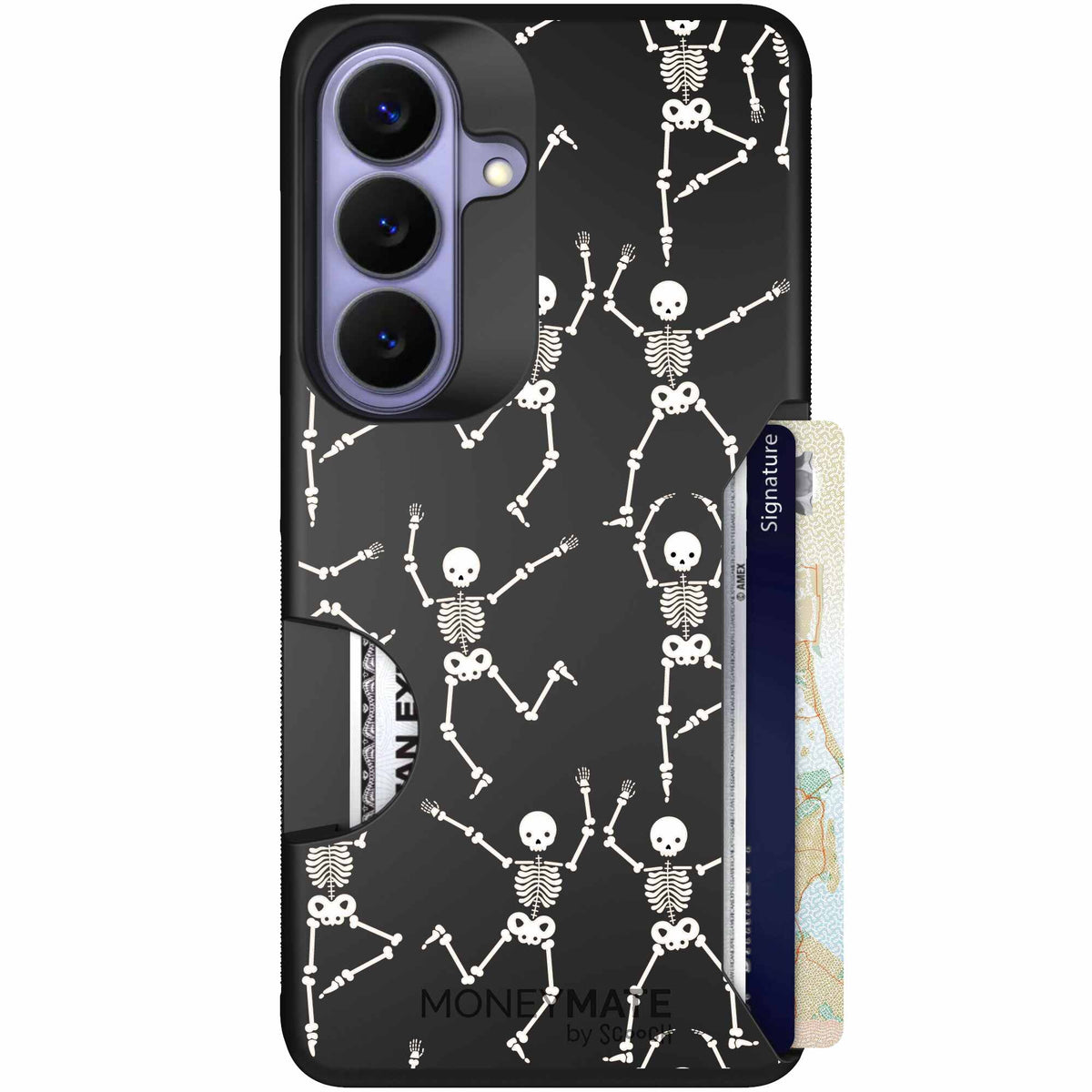 Swinging Skeletons white dancing skeleton pattern on a black Scooch Moneymate case for Galaxy S26