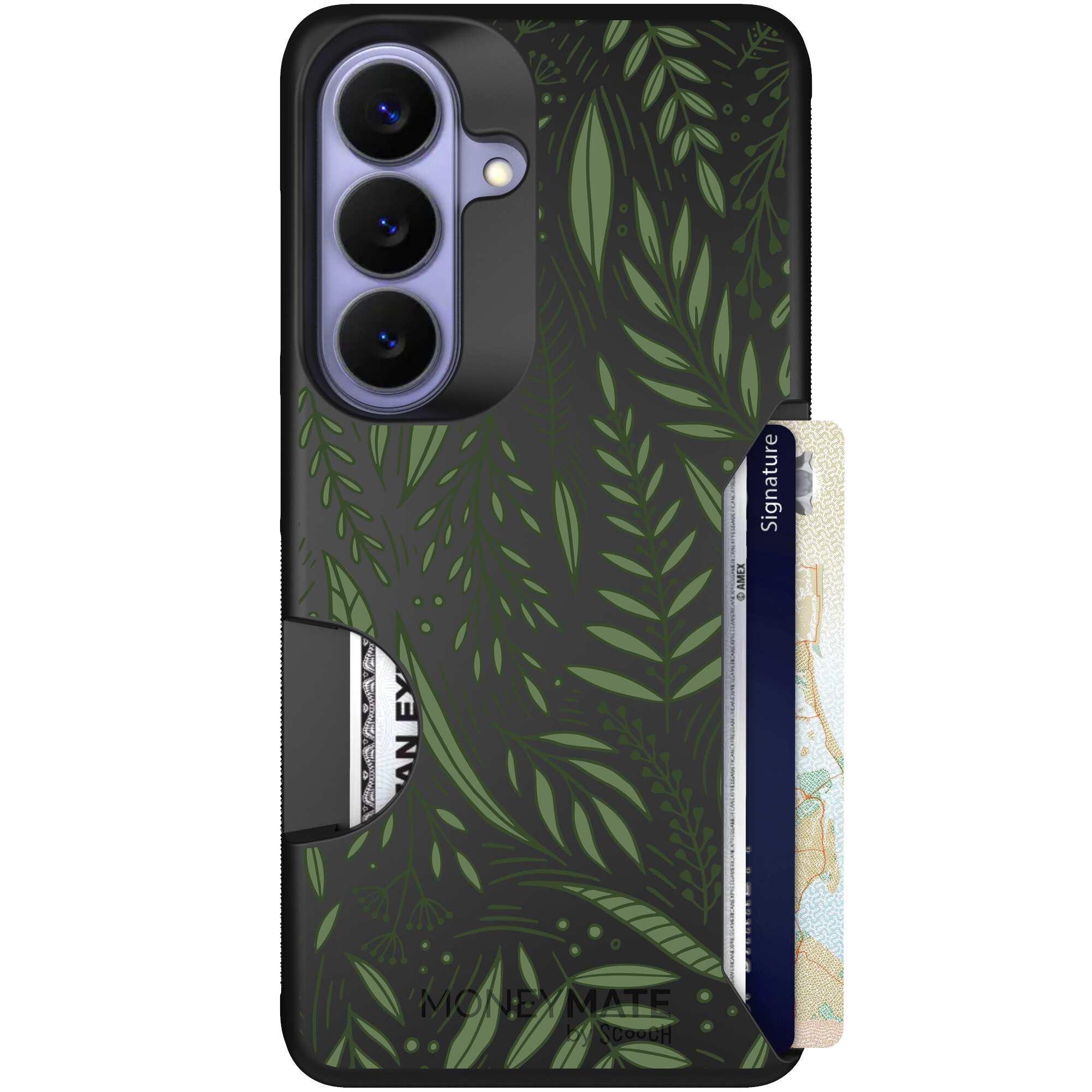 Willow Garden layered green leaves and branches on a charcoal Scooch Moneymate case for Galaxy S26
