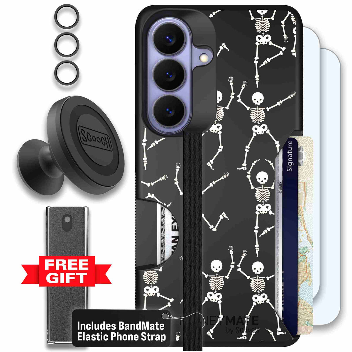 Swinging Skeletons white dancing skeleton pattern on a black Scooch Moneymate case for Galaxy S26 - Defender Bundle