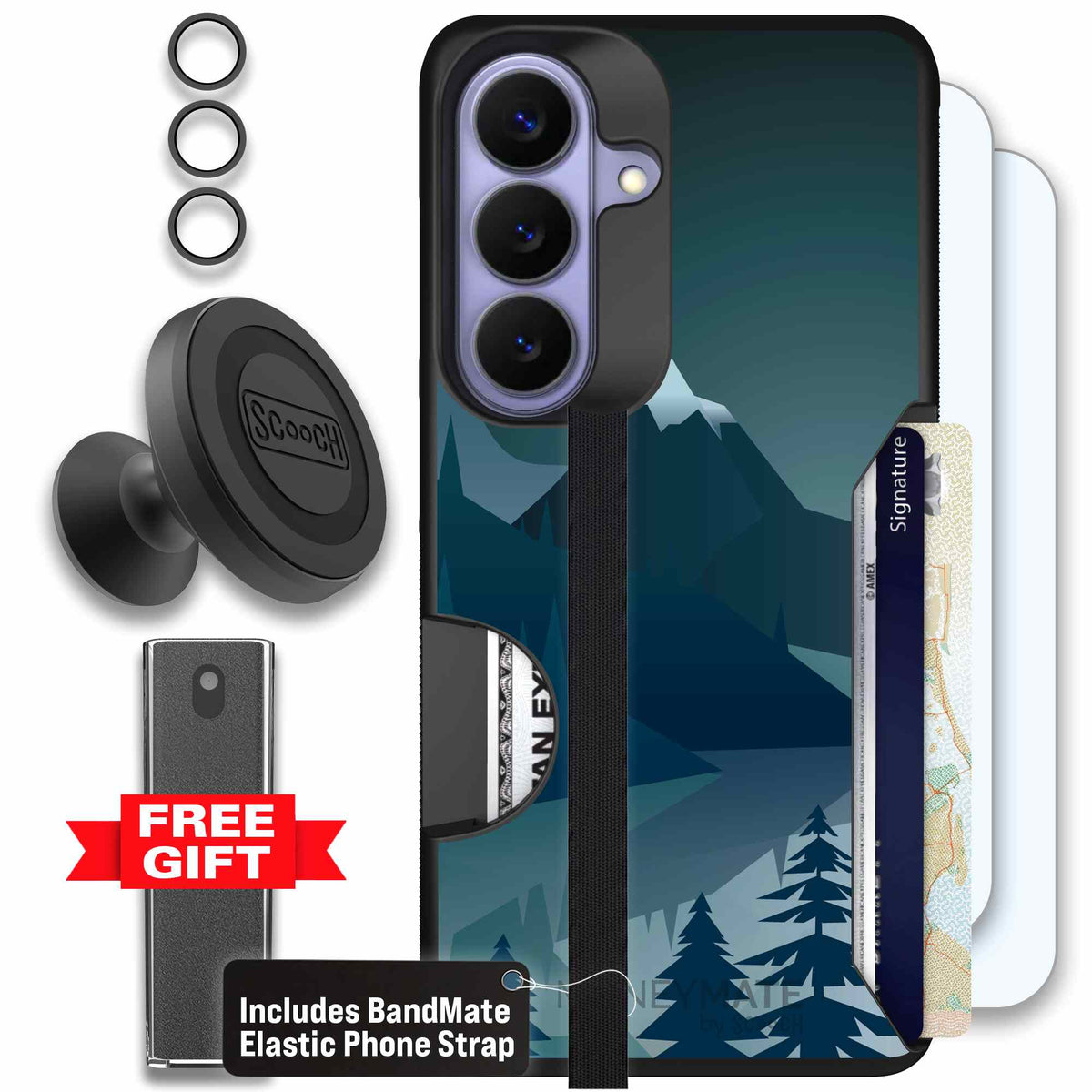 Midnight Ridge layered blue mountains and evergreen trees on a Scooch Moneymate case for Galaxy S26 - Defender Bundle