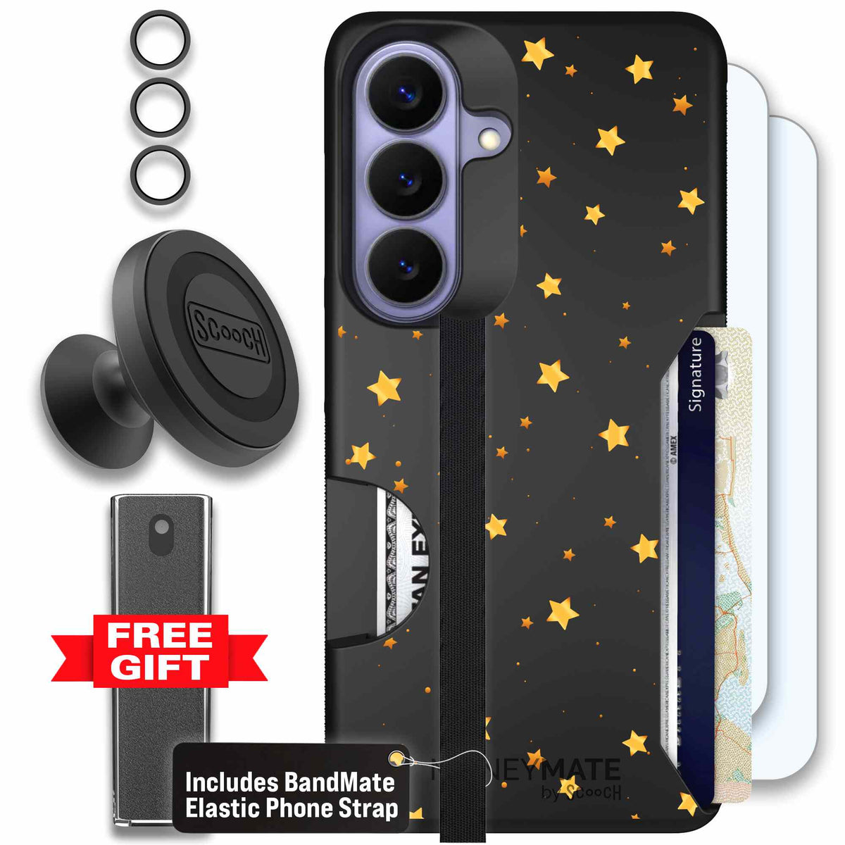 Gold Stars yellow and gold star pattern on a charcoal Scooch Moneymate case for Galaxy S26 - Defender Bundle