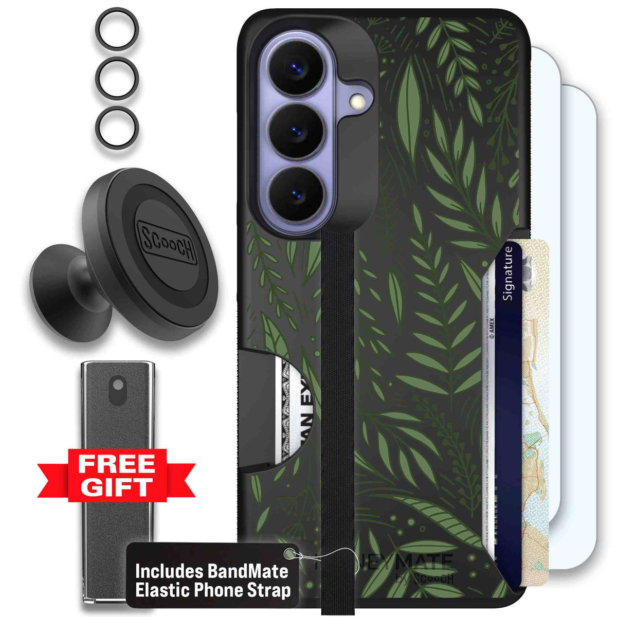 Willow Garden layered green leaves and branches on a charcoal Scooch Moneymate case for Galaxy S26 - Defender Bundle