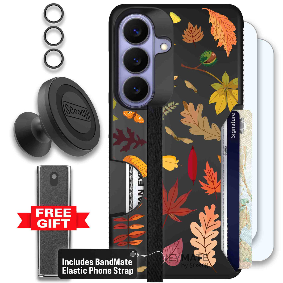 Autumn Leaves multicolored fall foliage pattern on a charcoal Scooch Moneymate case for Galaxy S26 - Defender Bundle