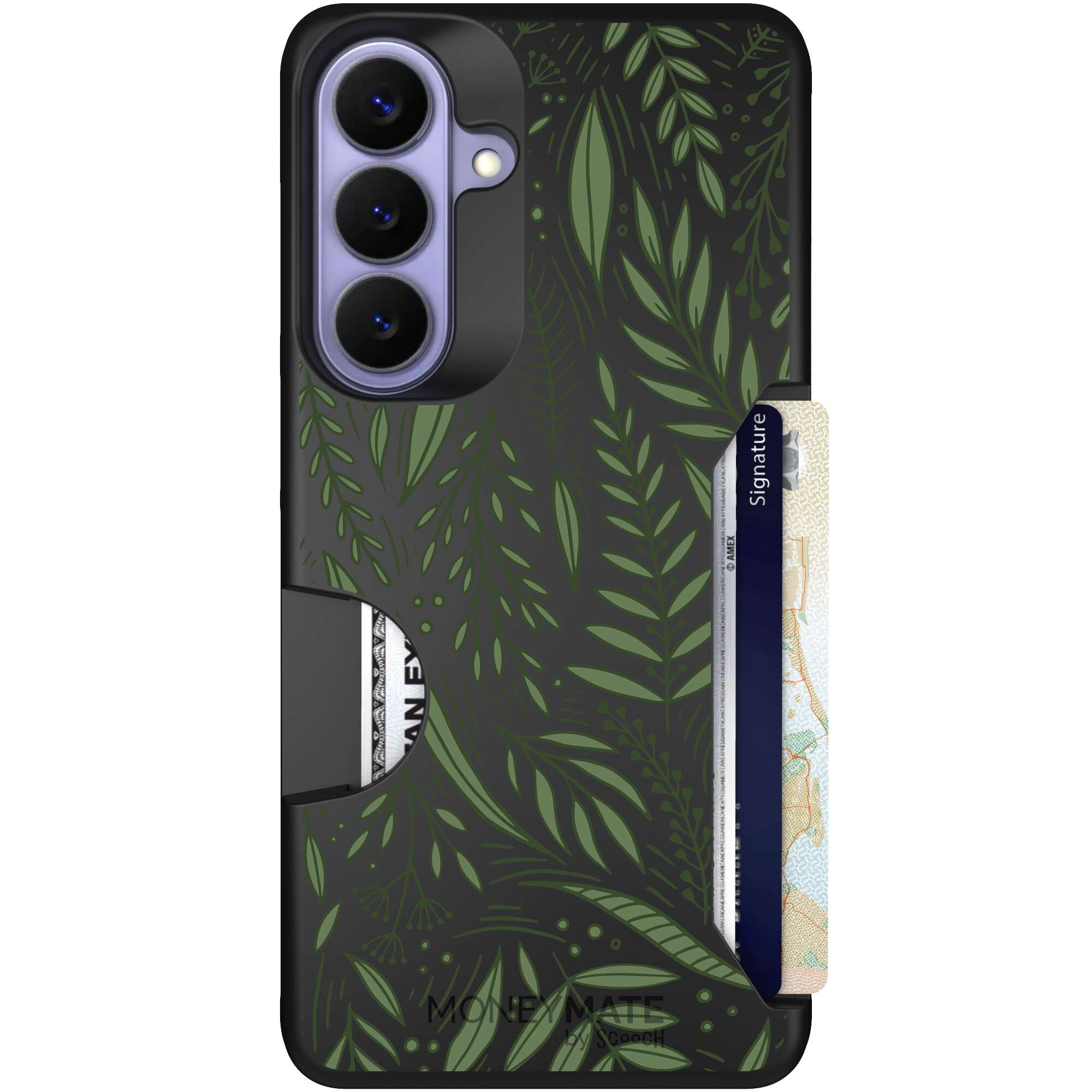Willow Garden layered green leaves and branches on a charcoal Scooch Moneymate case for Galaxy S26+