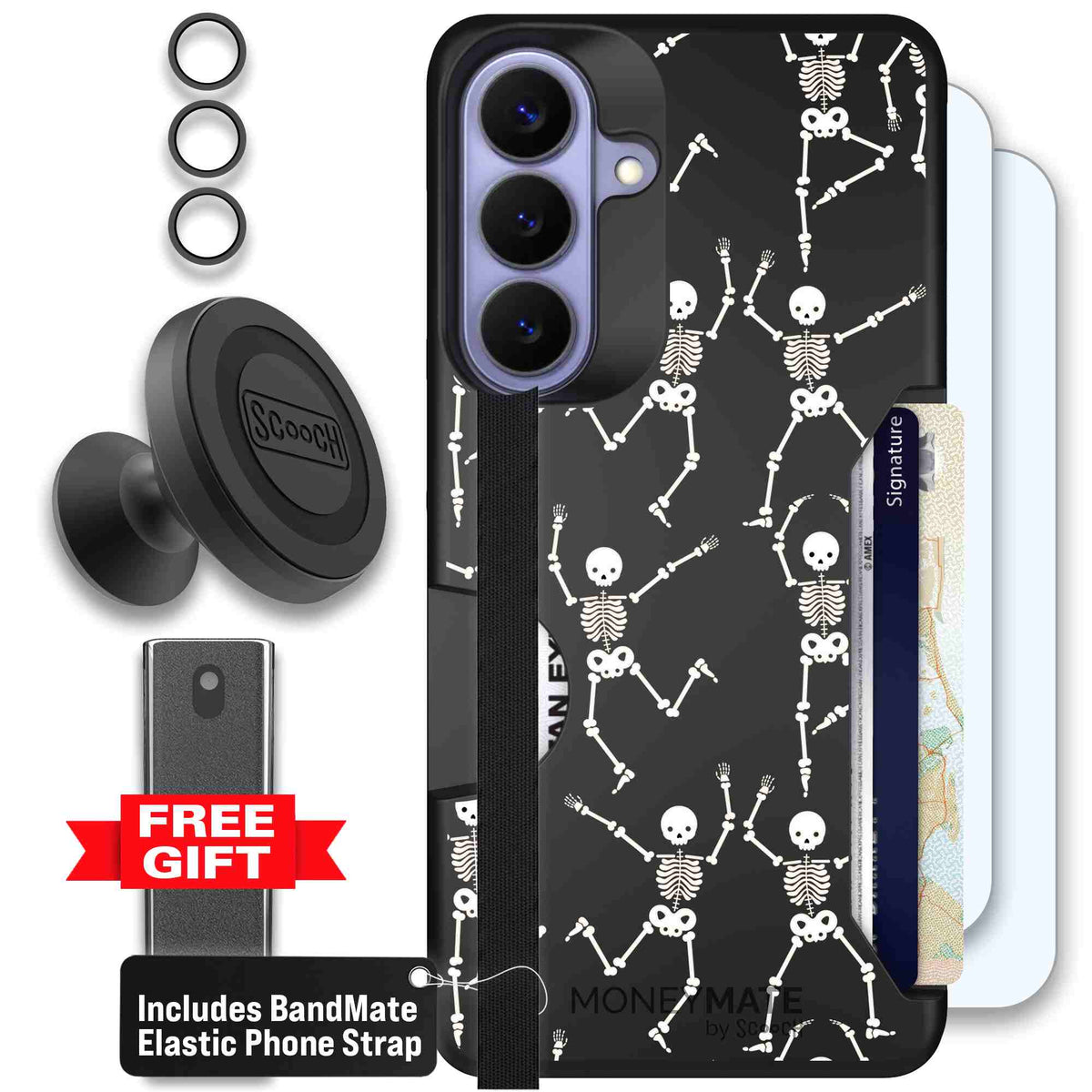 Swinging Skeletons white dancing skeleton pattern on a black Scooch Moneymate case for Galaxy S26+ - Defender Bundle