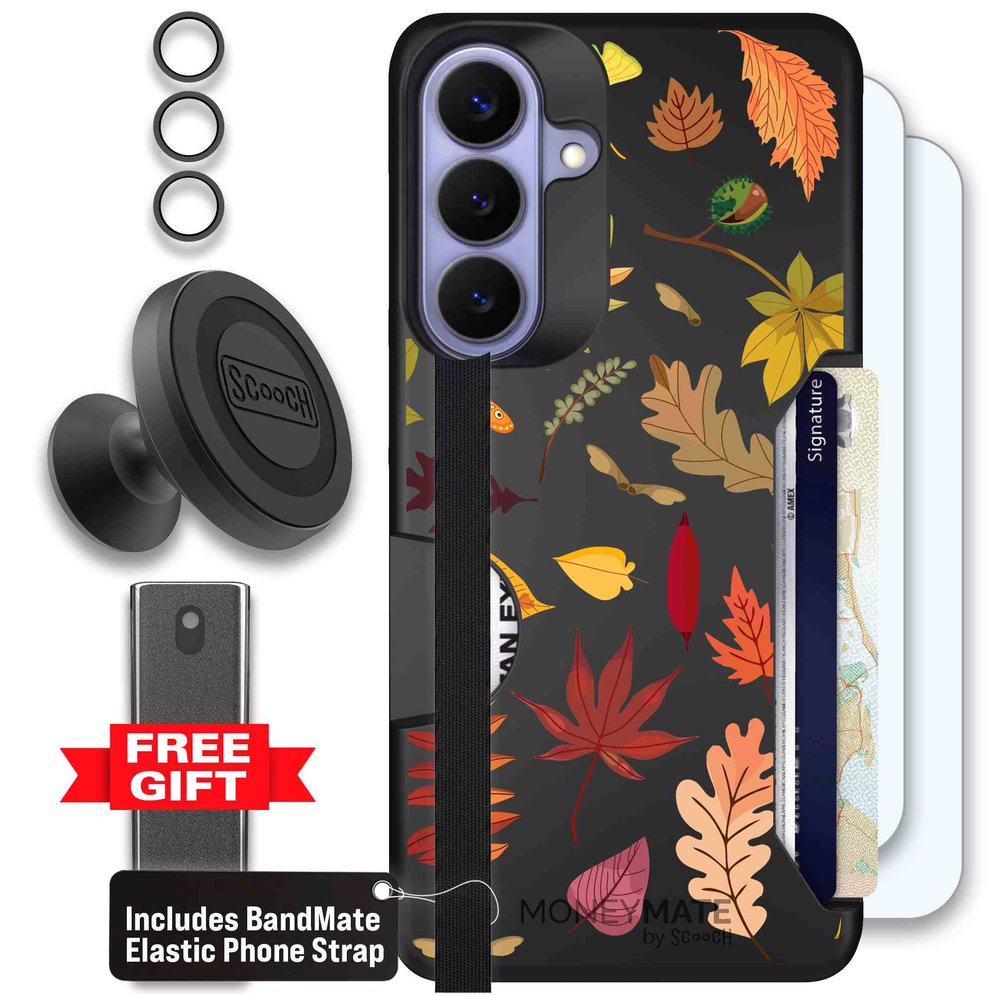 Autumn Leaves multicolored fall foliage pattern on a charcoal Scooch Moneymate case for Galaxy S26+ - Defender Bundle