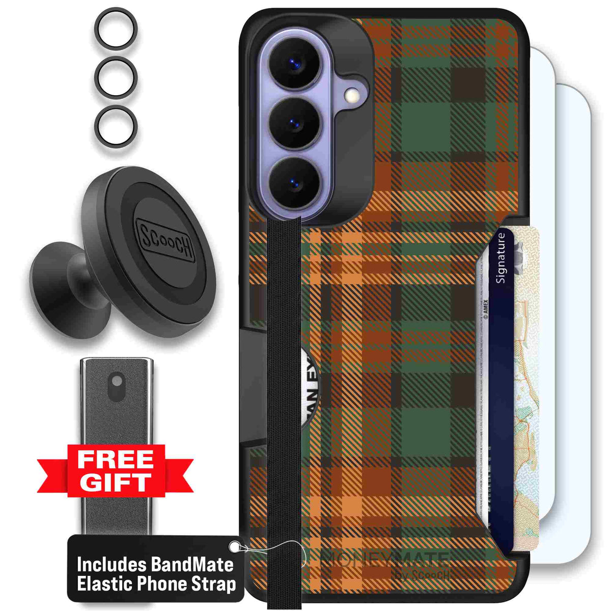 Fall Flannel orange and brown plaid pattern on a Scooch Moneymate case for Galaxy S26+ - Defender Bundle