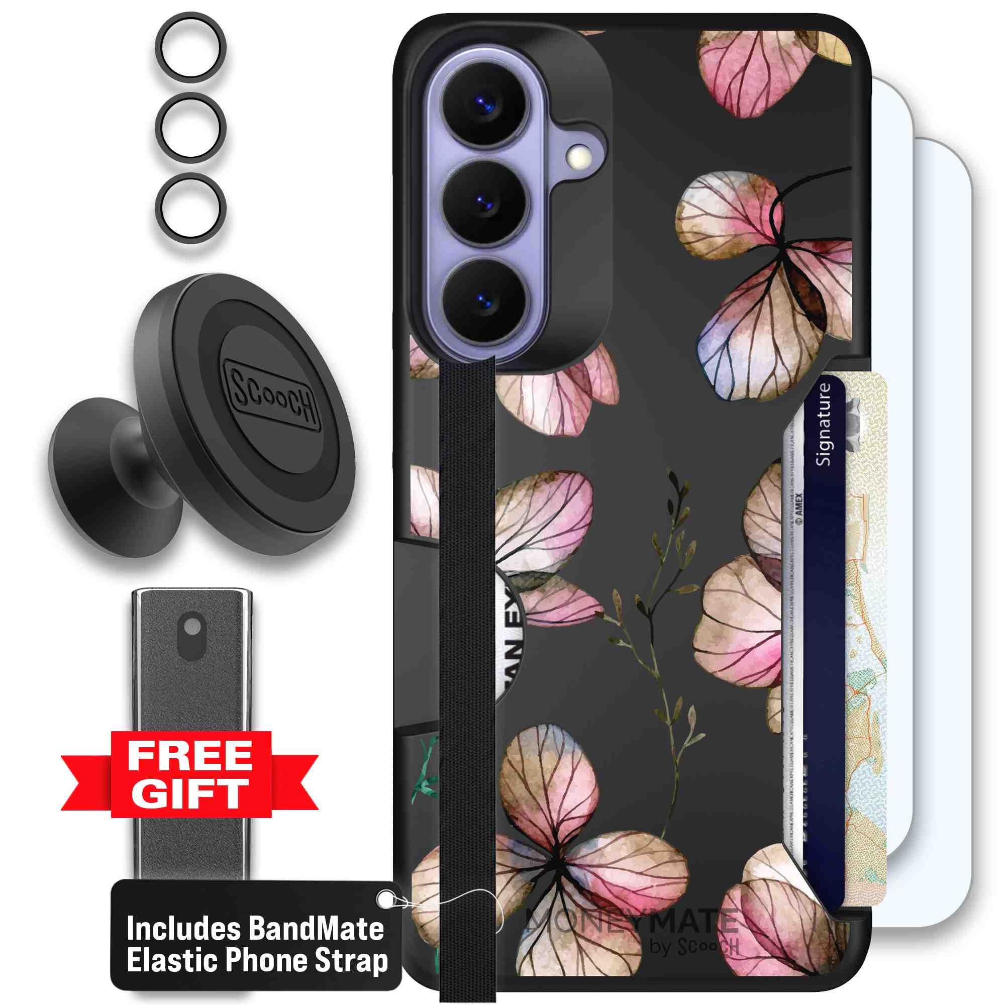 Dried Flowers blush mauve and cream floral pattern on a black Scooch Moneymate case for Galaxy S26+ - Defender Bundle
