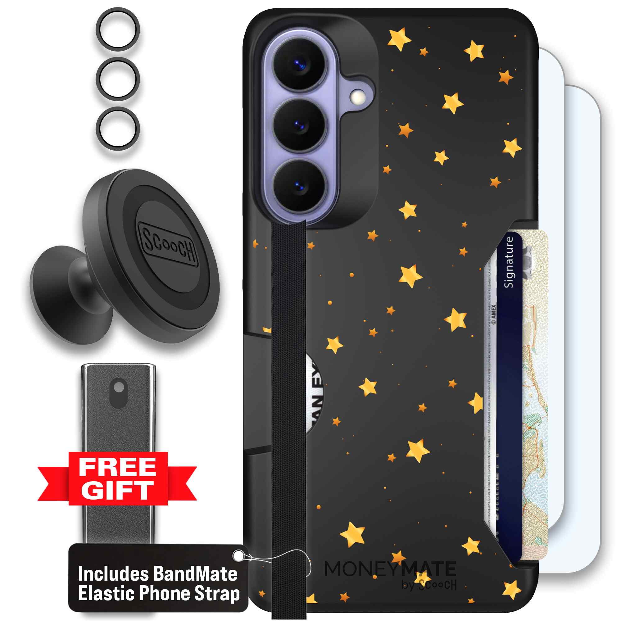 Gold Stars yellow and gold star pattern on a charcoal Scooch Moneymate case for Galaxy S26+ - Defender Bundle