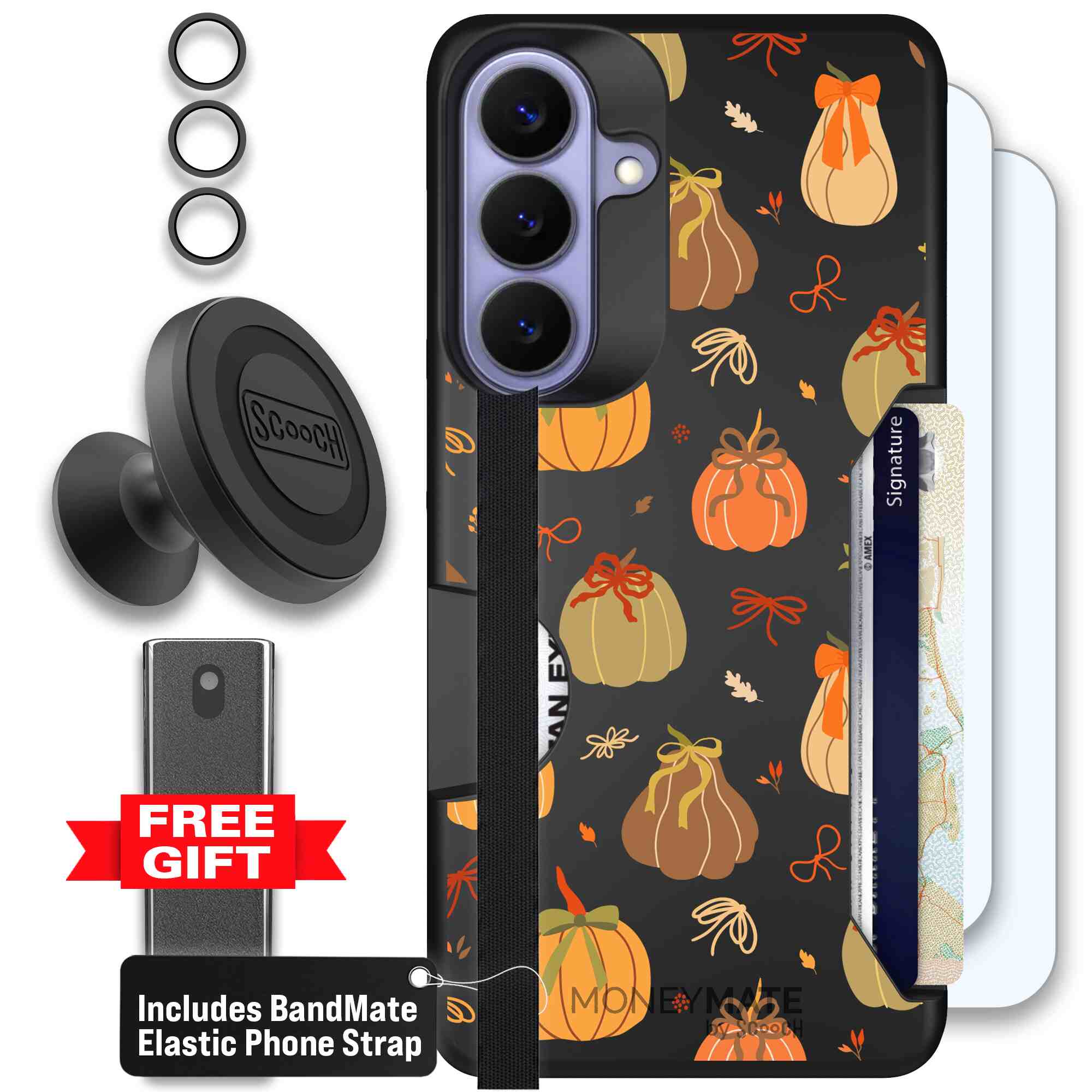 Pretty Pumpkins orange pumpkin and bow pattern on a Scooch Moneymate case for Galaxy S26+ - Defender Bundle