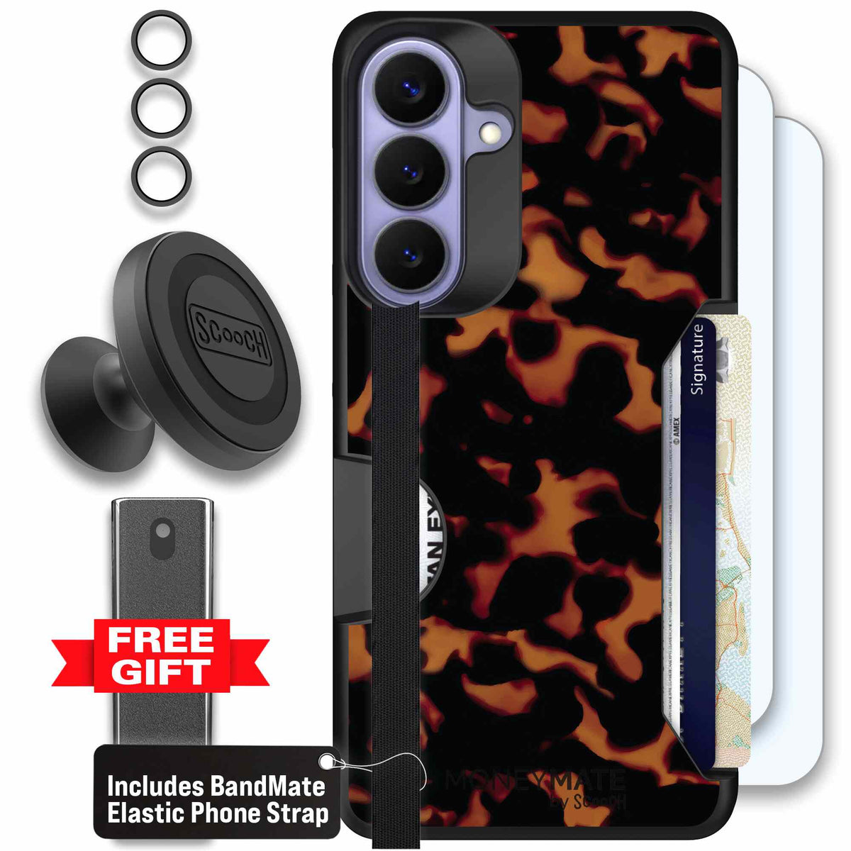 Tortoise Shell amber brown and black mottled pattern on a Scooch Moneymate case for Galaxy S26+ - Defender Bundle