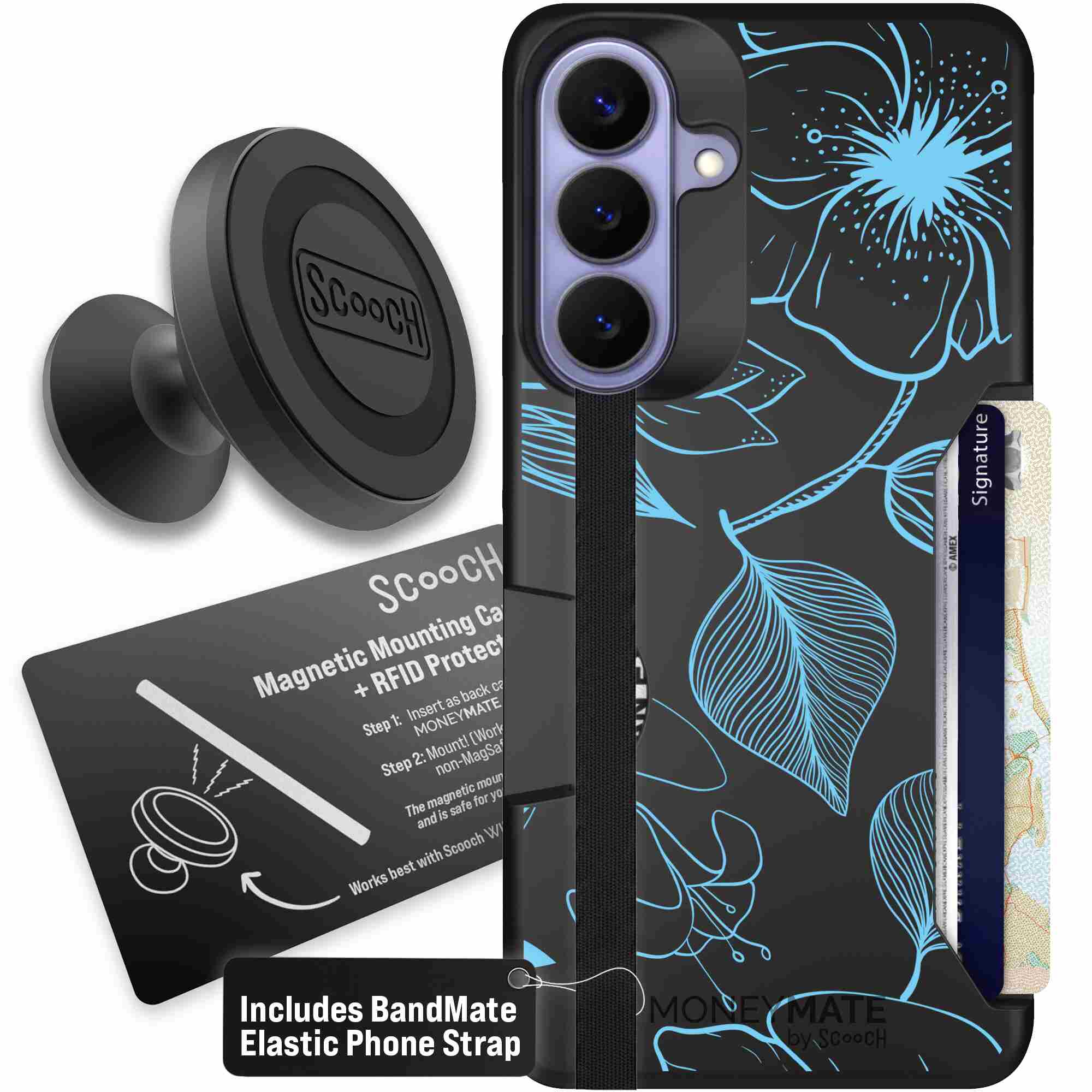 Blue Hibiscus cyan-blue tropical flower pattern on a charcoal Scooch Moneymate case for Galaxy S26+ - Starter Bundle