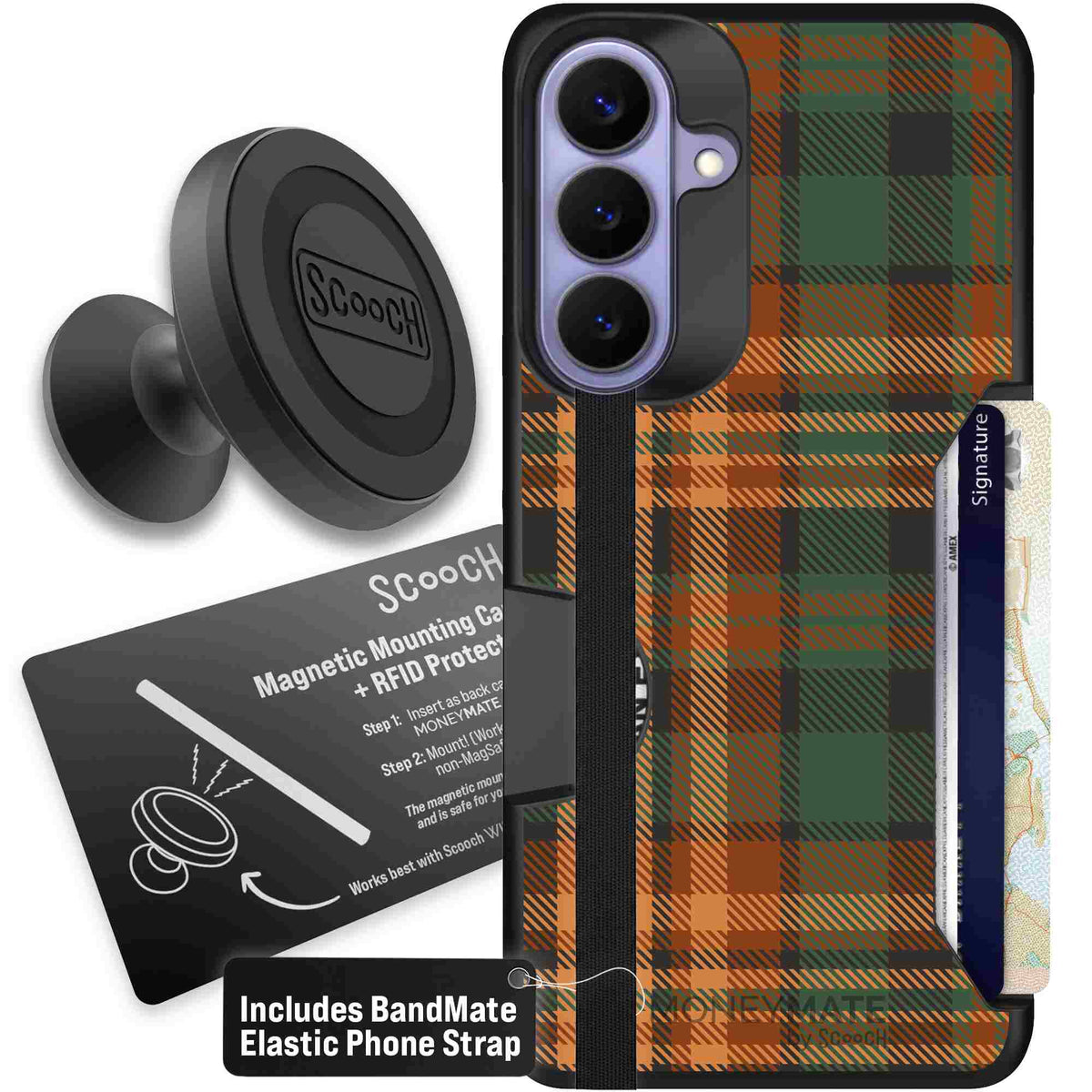 Fall Flannel orange and brown plaid pattern on a Scooch Moneymate case for Galaxy S26+ - Starter Bundle