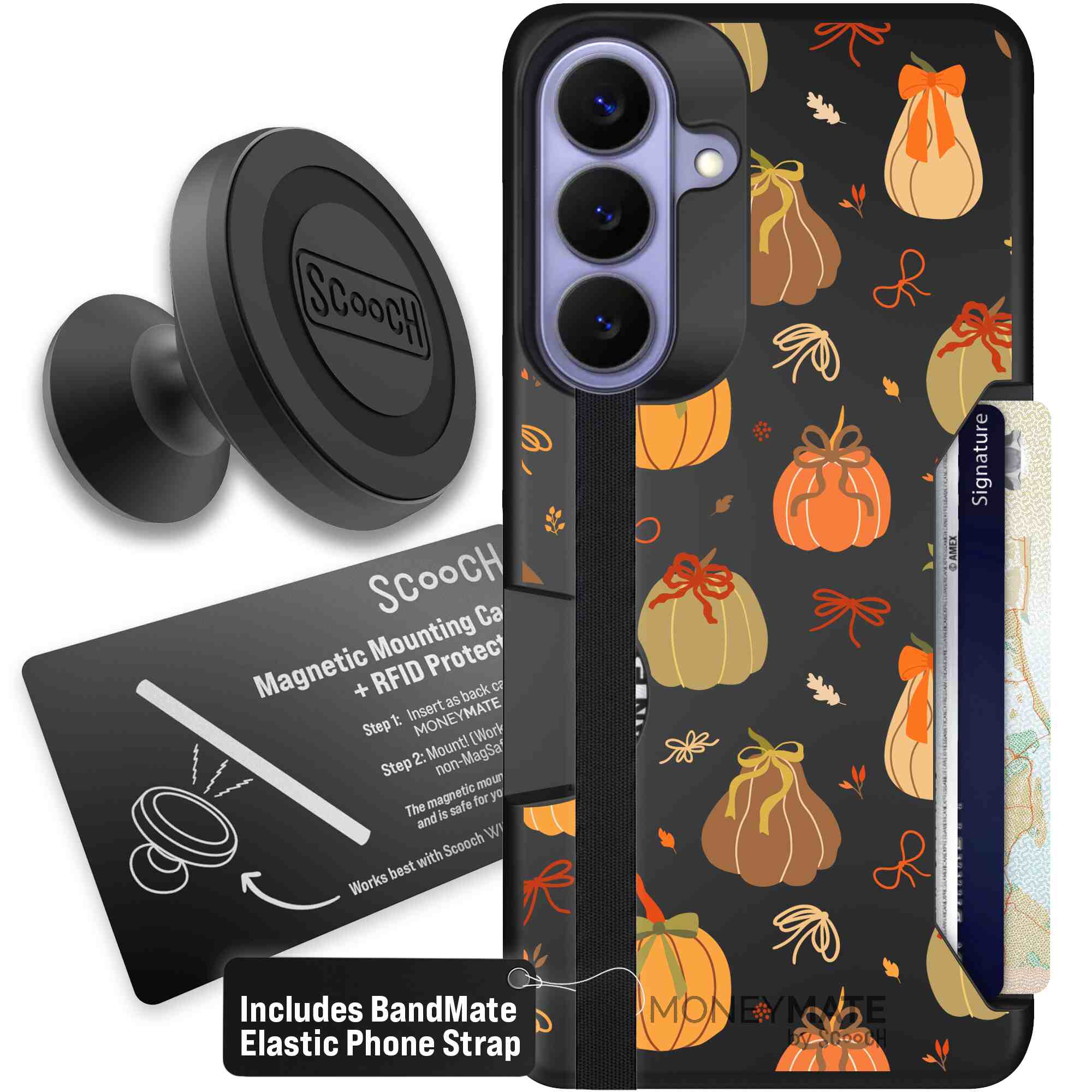 Pretty Pumpkins orange pumpkin and bow pattern on a Scooch Moneymate case for Galaxy S26+ - Starter Bundle