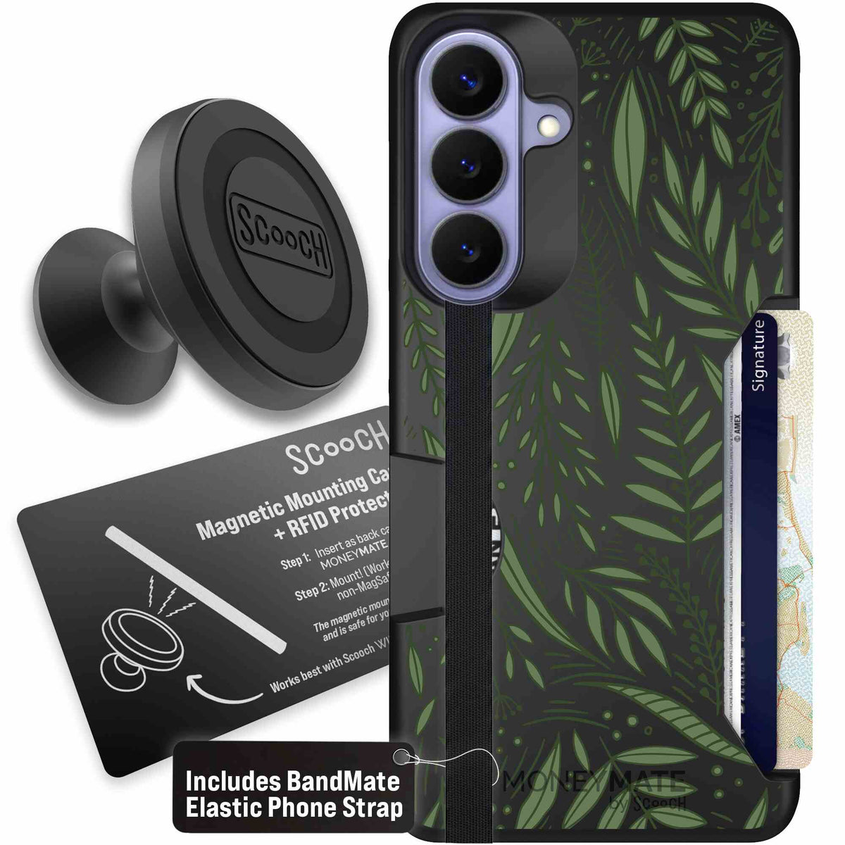 Willow Garden layered green leaves and branches on a charcoal Scooch Moneymate case for Galaxy S26+ - Starter Bundle