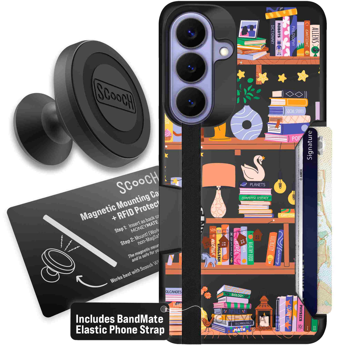 Little Library colorful book and bookshelf pattern on a Scooch Moneymate case for Galaxy S26+ - Starter Bundle