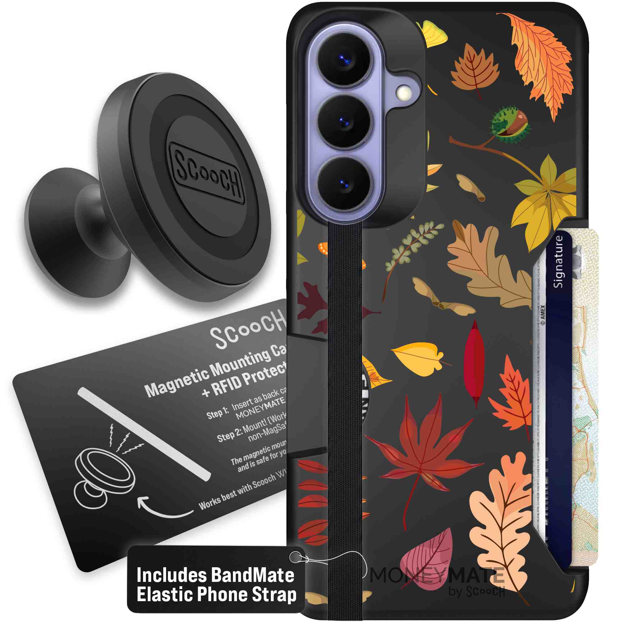 Autumn Leaves multicolored fall foliage pattern on a charcoal Scooch Moneymate case for Galaxy S26+ - Starter Bundle