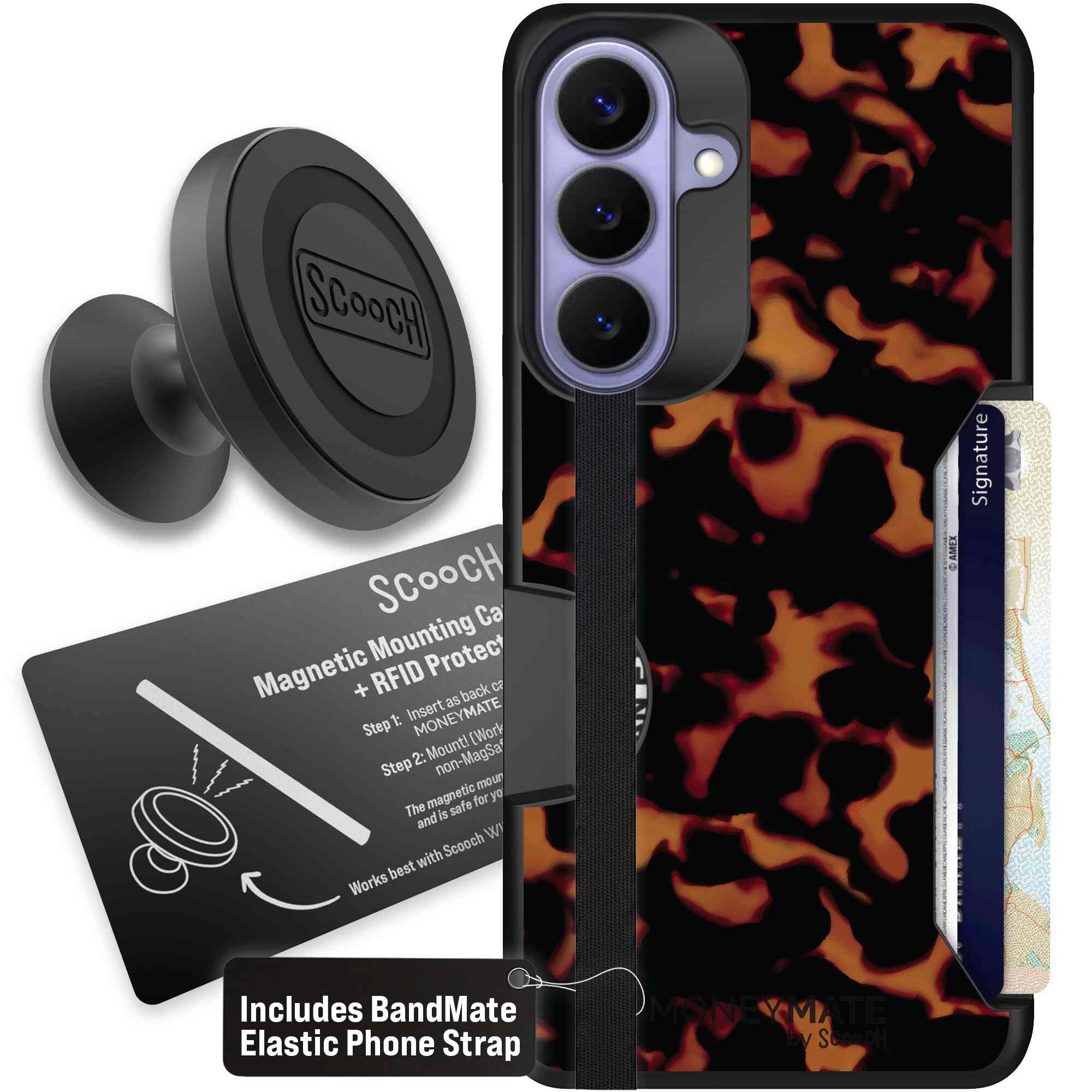 Tortoise Shell amber brown and black mottled pattern on a Scooch Moneymate case for Galaxy S26+ - Starter Bundle