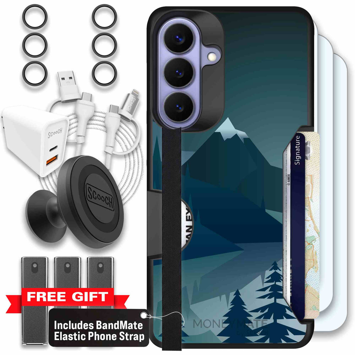 Midnight Ridge layered blue mountains and evergreen trees on a Scooch Moneymate case for Galaxy S26+ - Ultimate Bundle