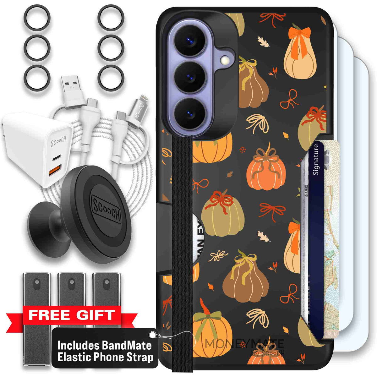Pretty Pumpkins orange pumpkin and bow pattern on a Scooch Moneymate case for Galaxy S26+ - Ultimate Bundle