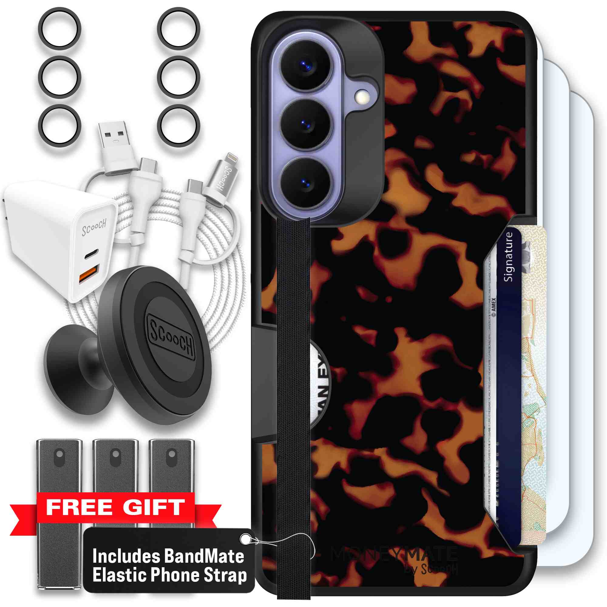 Tortoise Shell amber brown and black mottled pattern on a Scooch Moneymate case for Galaxy S26+ - Ultimate Bundle