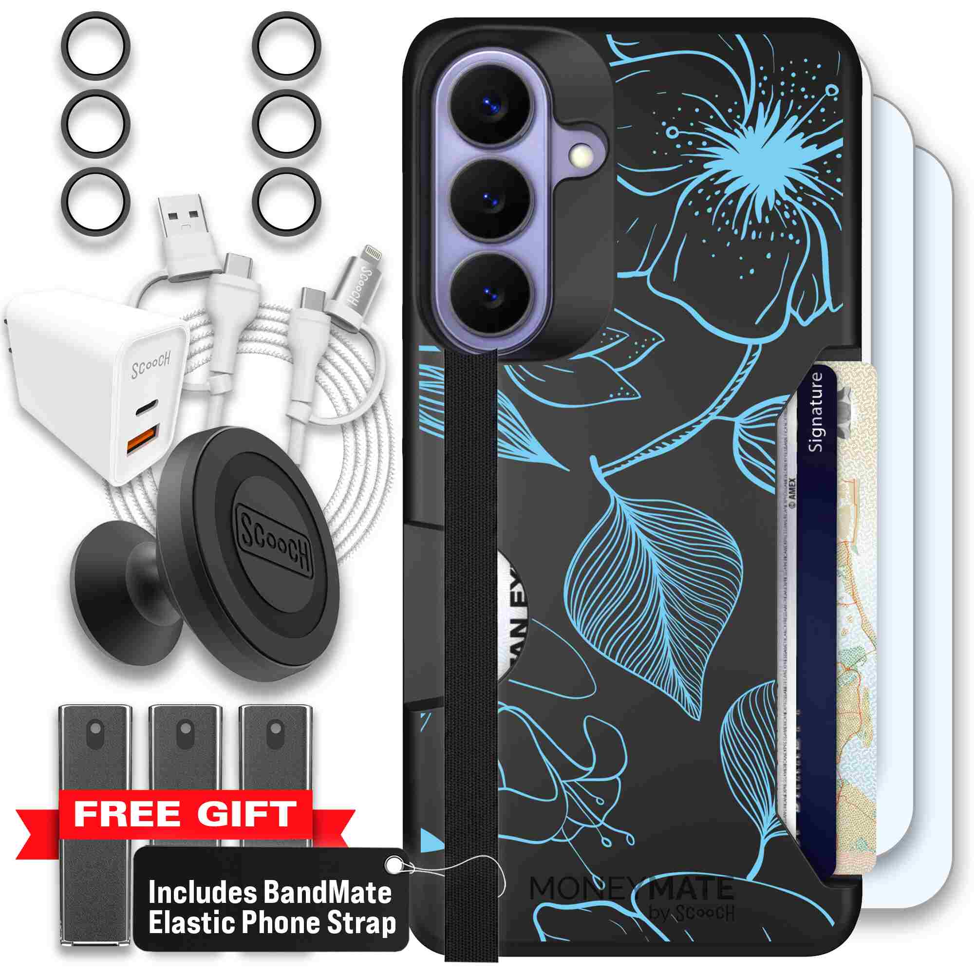Blue Hibiscus cyan-blue tropical flower pattern on a charcoal Scooch Moneymate case for Galaxy S26+ - Ultimate Bundle