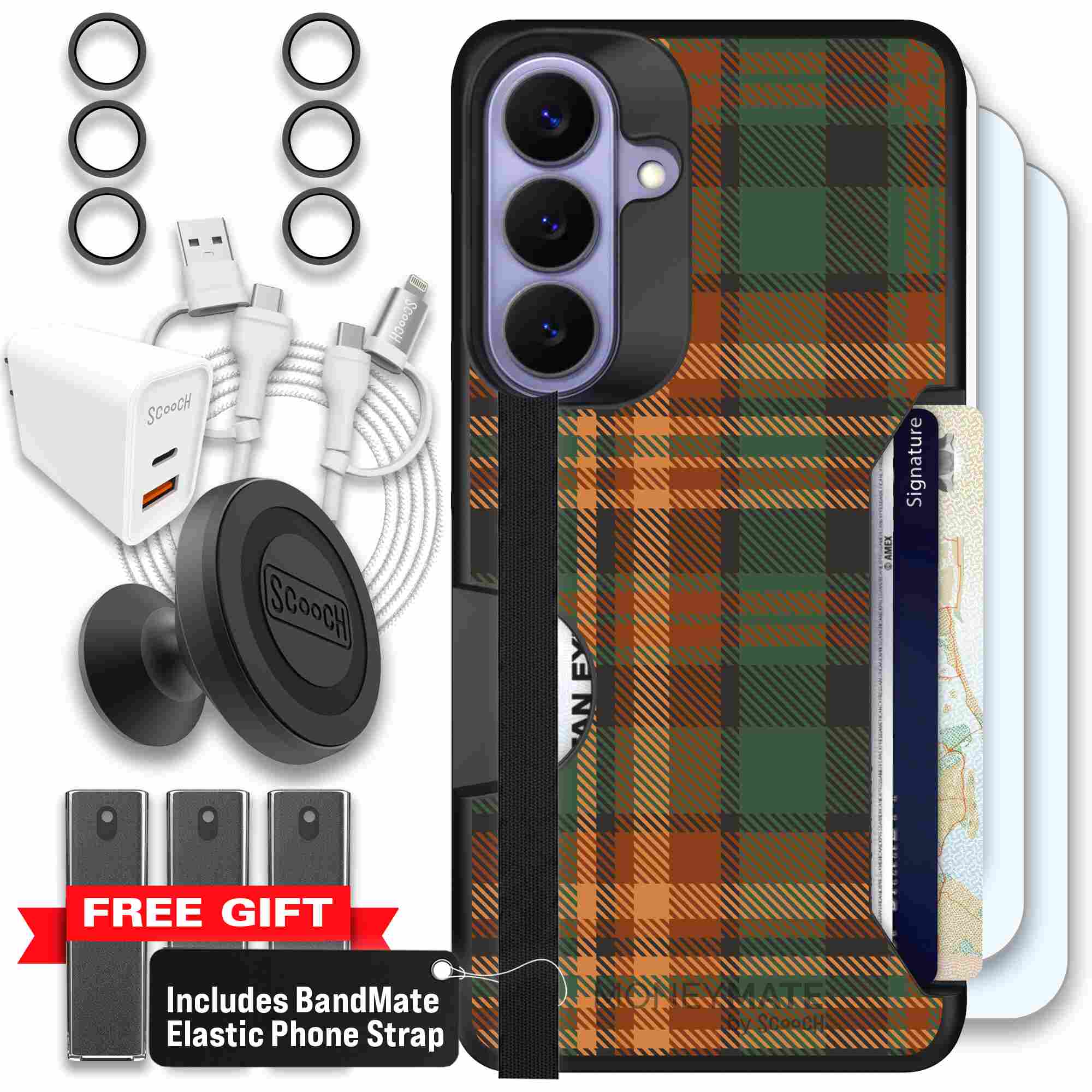 Fall Flannel orange and brown plaid pattern on a Scooch Moneymate case for Galaxy S26+ - Ultimate Bundle
