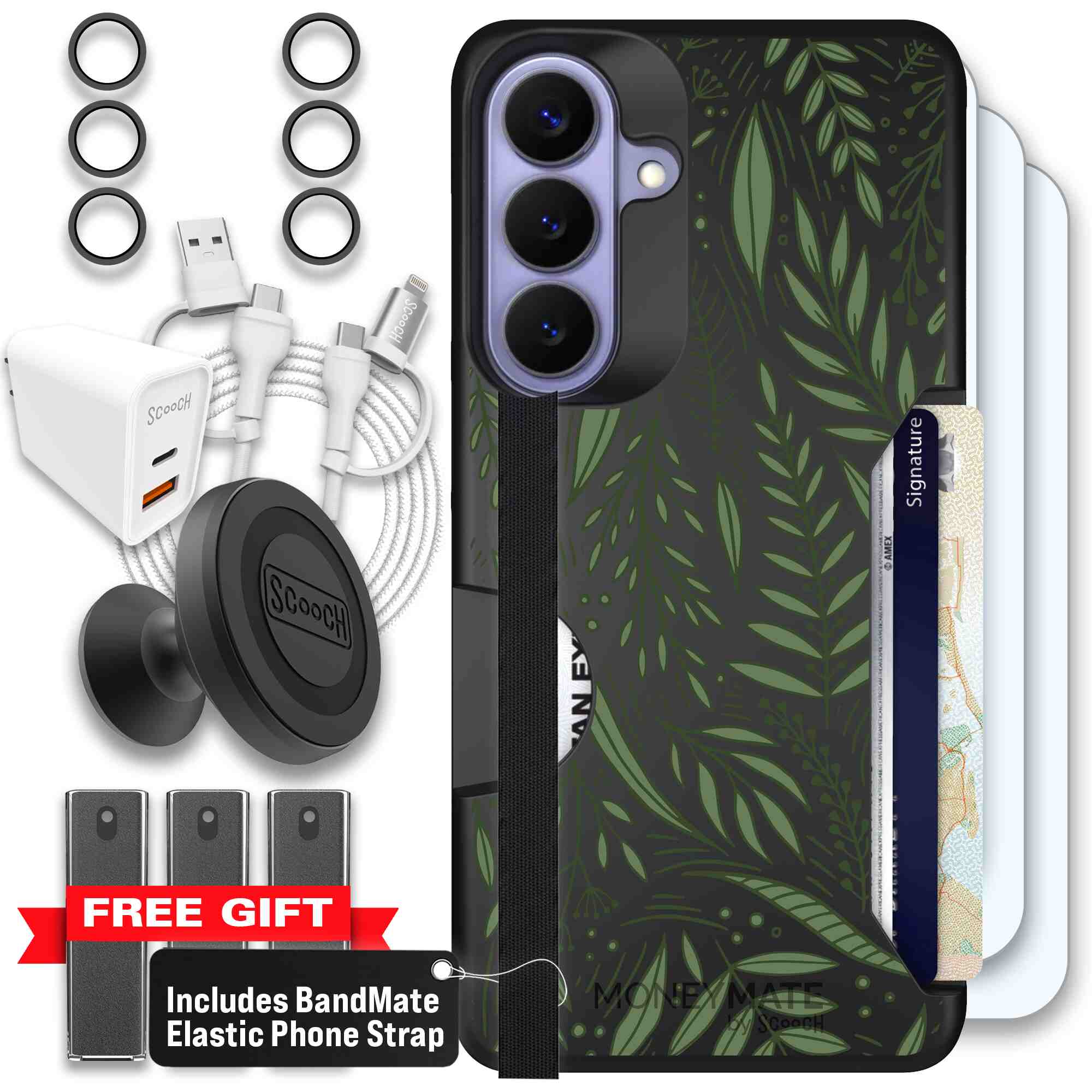 Willow Garden layered green leaves and branches on a charcoal Scooch Moneymate case for Galaxy S26+ - Ultimate Bundle