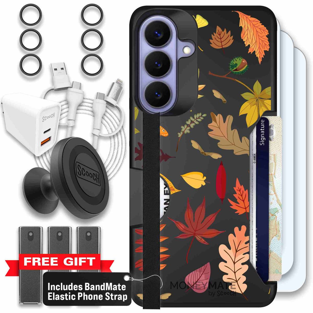 Autumn Leaves multicolored fall foliage pattern on a charcoal Scooch Moneymate case for Galaxy S26+ - Ultimate Bundle
