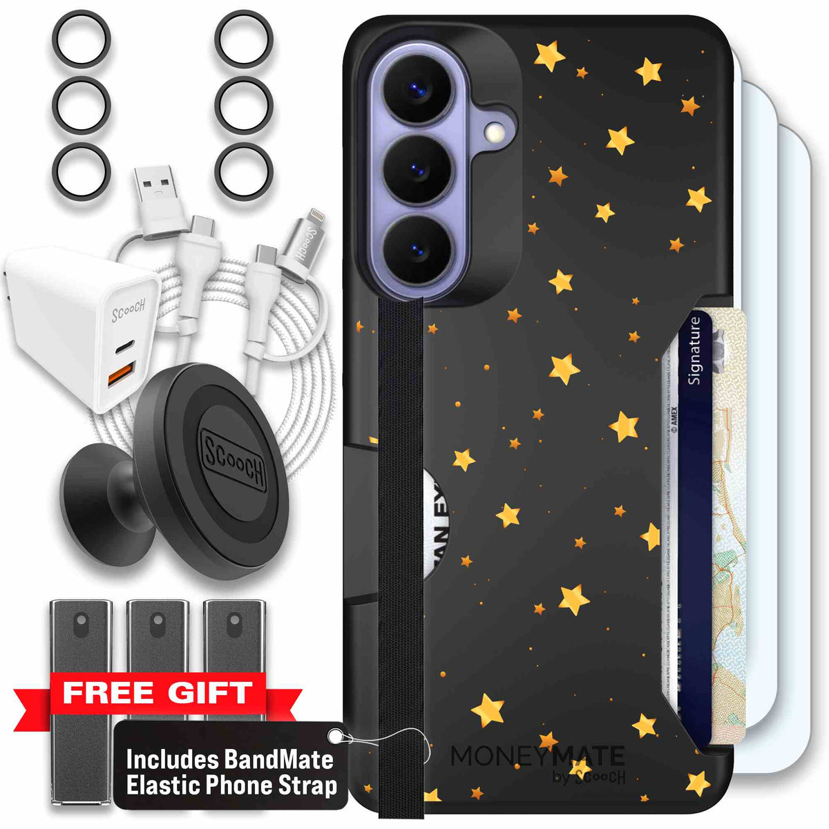 Gold Stars yellow and gold star pattern on a charcoal Scooch Moneymate case for Galaxy S26+ - Ultimate Bundle