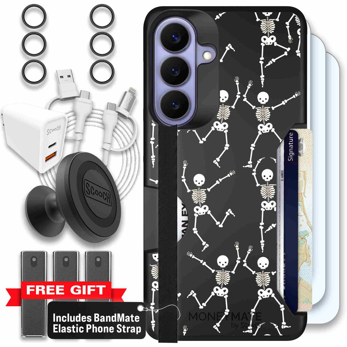 Swinging Skeletons white dancing skeleton pattern on a black Scooch Moneymate case for Galaxy S26+ - Ultimate Bundle