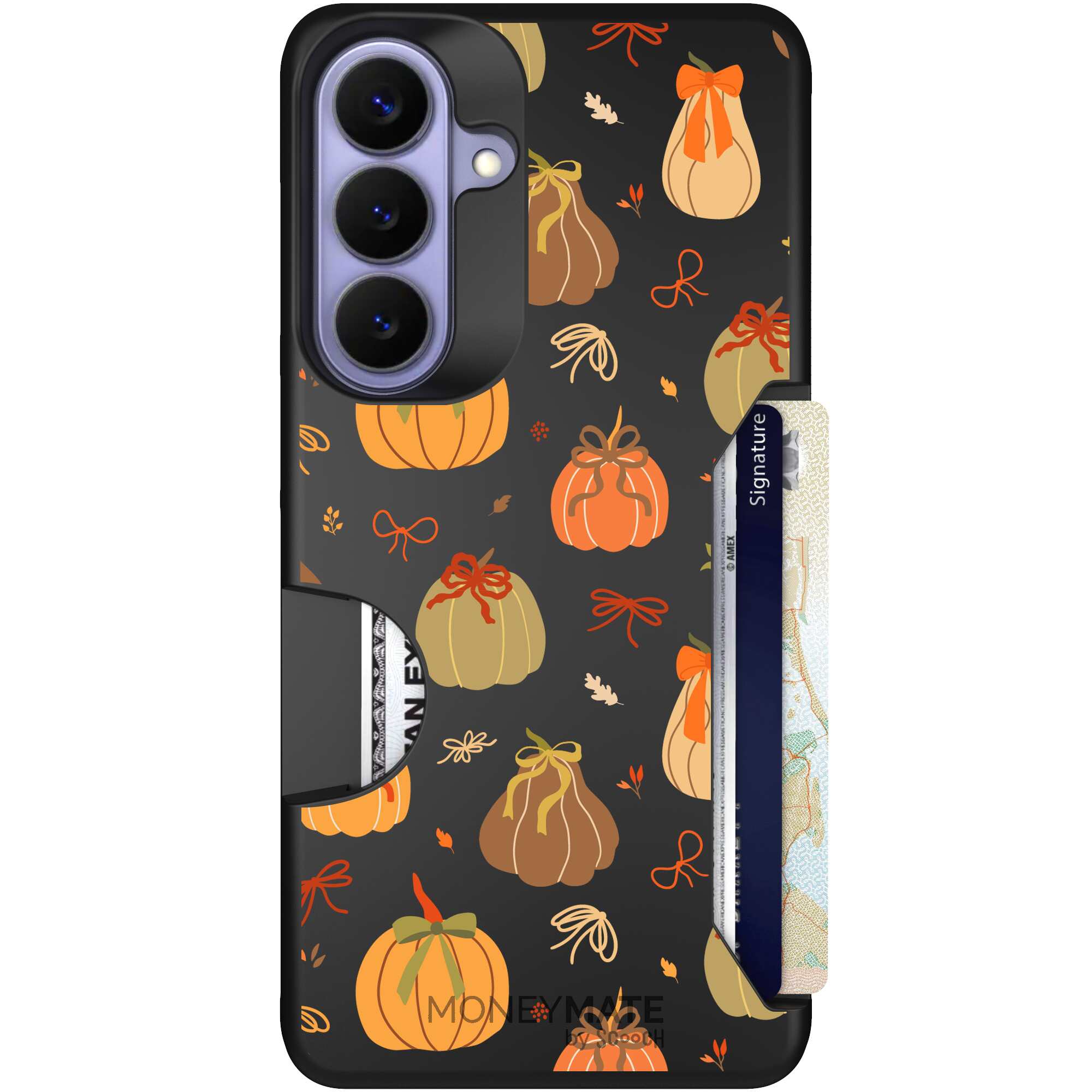 Pretty Pumpkins orange pumpkin and bow pattern on a Scooch Moneymate case for Galaxy S26+