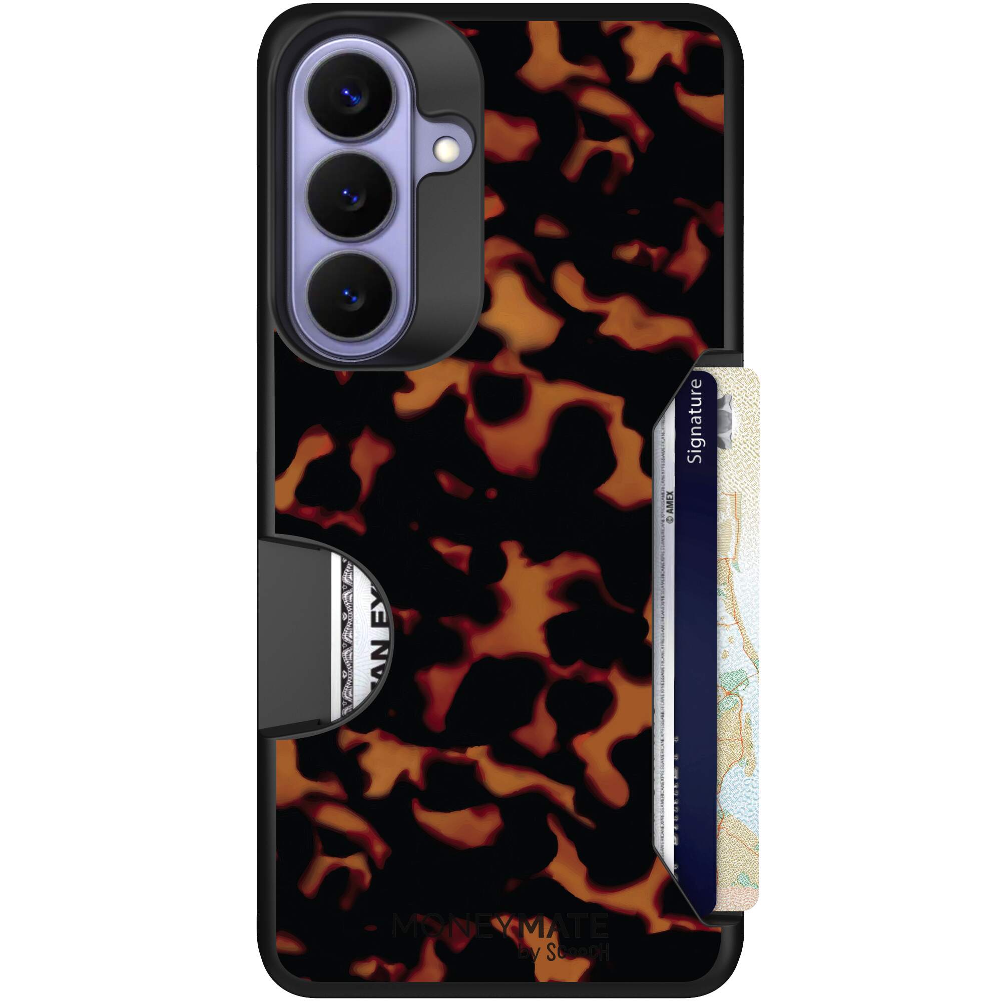 Tortoise Shell amber brown and black mottled pattern on a Scooch Moneymate case for Galaxy S26+