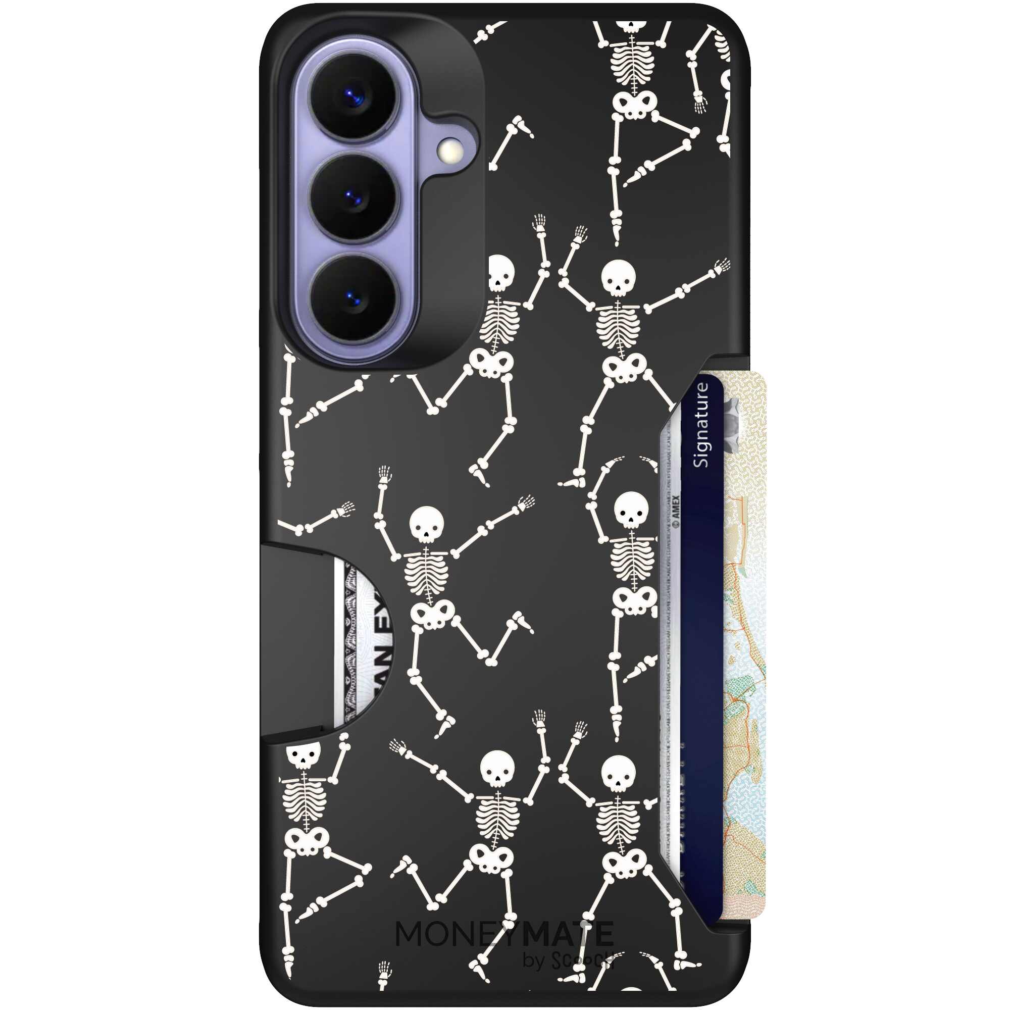 Swinging Skeletons white dancing skeleton pattern on a black Scooch Moneymate case for Galaxy S26+