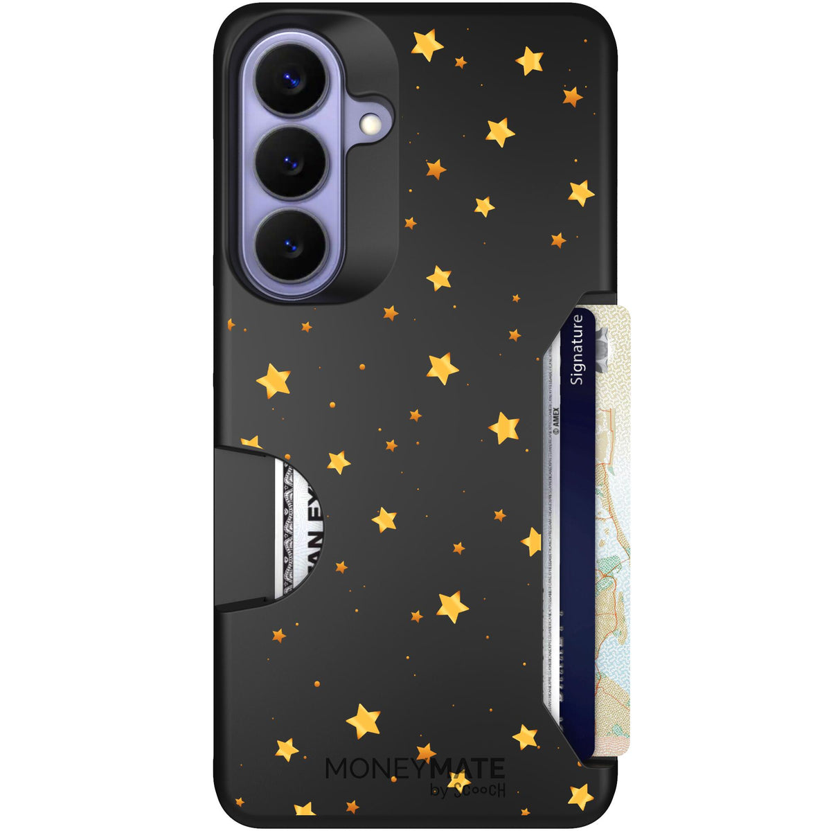 Gold Stars yellow and gold star pattern on a charcoal Scooch Moneymate case for Galaxy S26+