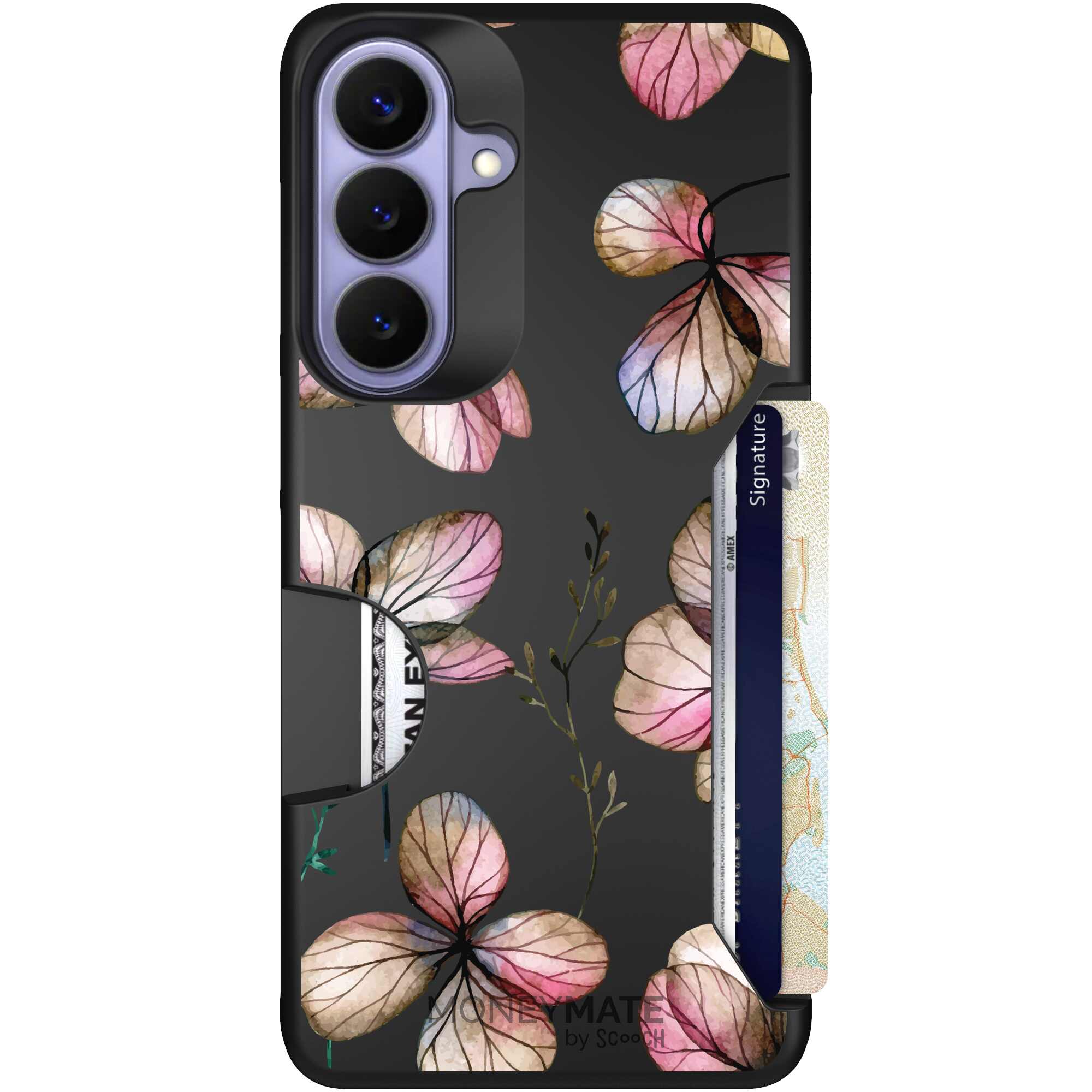 Dried Flowers blush mauve and cream floral pattern on a black Scooch Moneymate case for Galaxy S26+