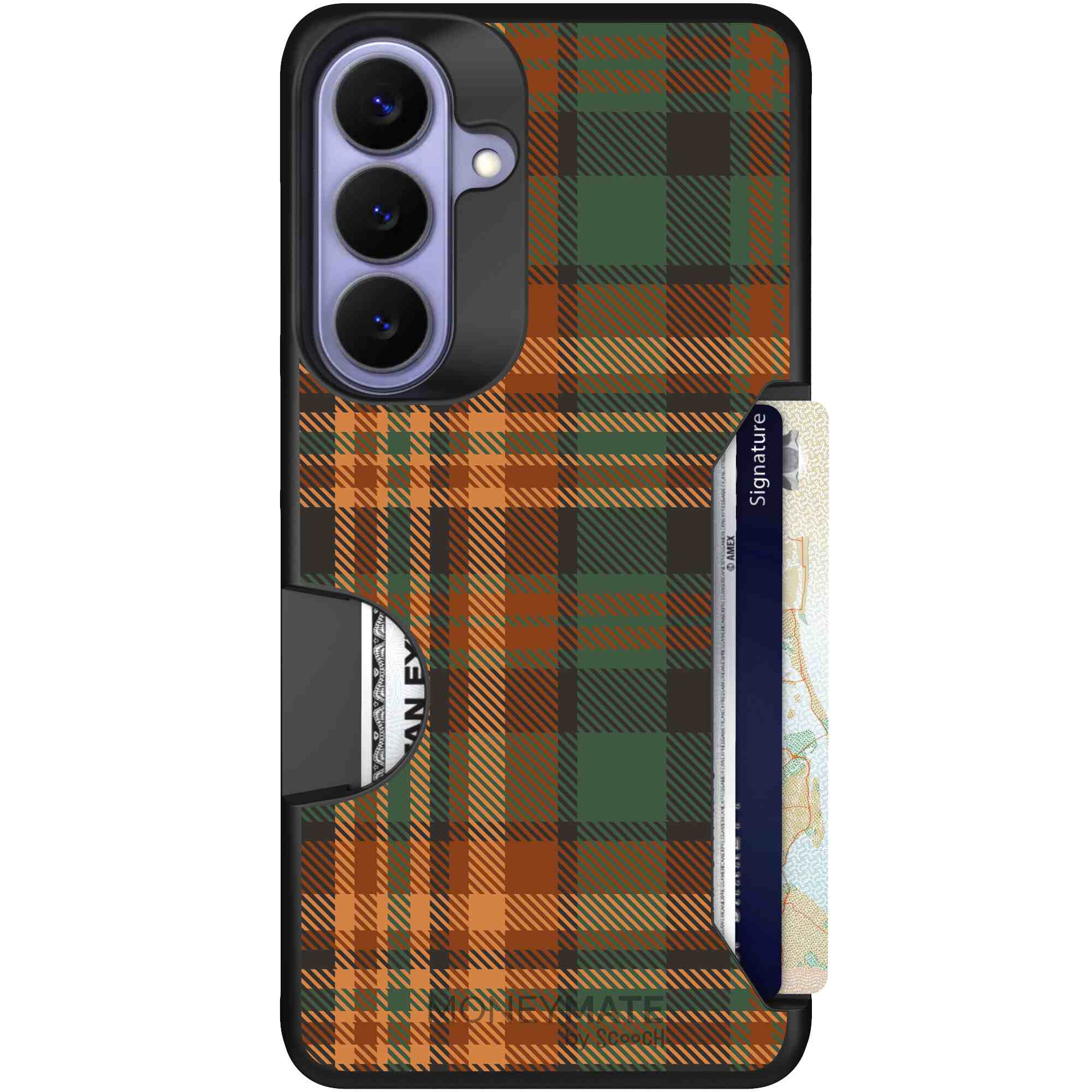 Fall Flannel orange and brown plaid pattern on a Scooch Moneymate case for Galaxy S26+