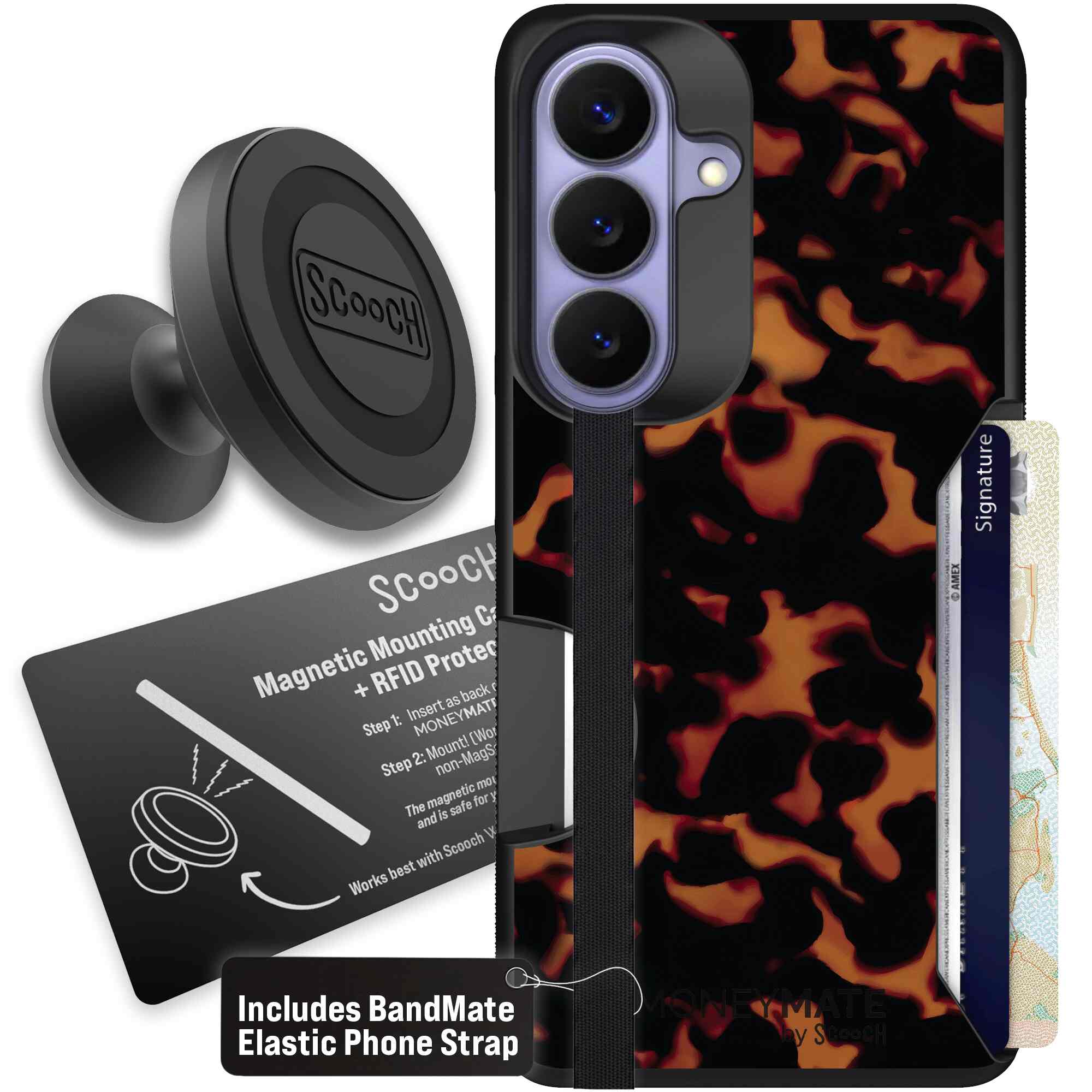 Tortoise Shell amber brown and black mottled pattern on a Scooch Moneymate case for Galaxy S26 - Starter Bundle