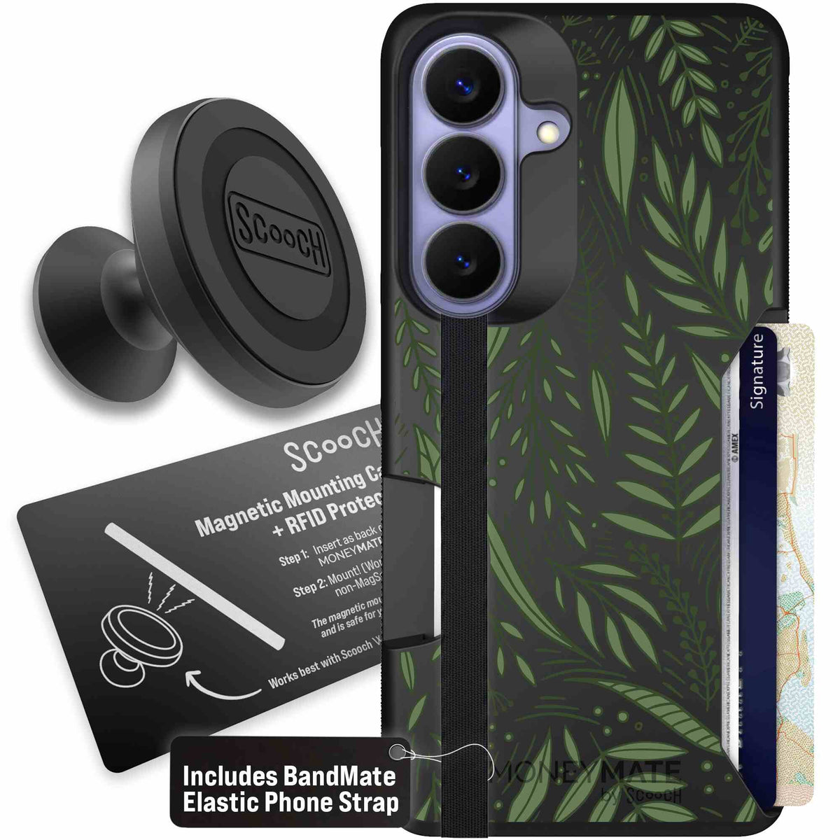 Willow Garden layered green leaves and branches on a charcoal Scooch Moneymate case for Galaxy S26 - Starter Bundle