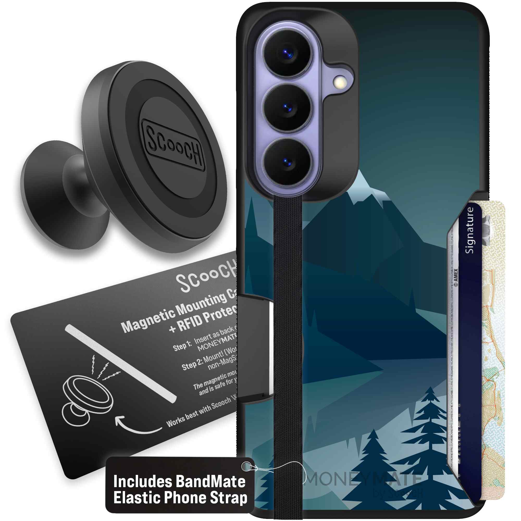 Midnight Ridge layered blue mountains and evergreen trees on a Scooch Moneymate case for Galaxy S26 - Starter Bundle