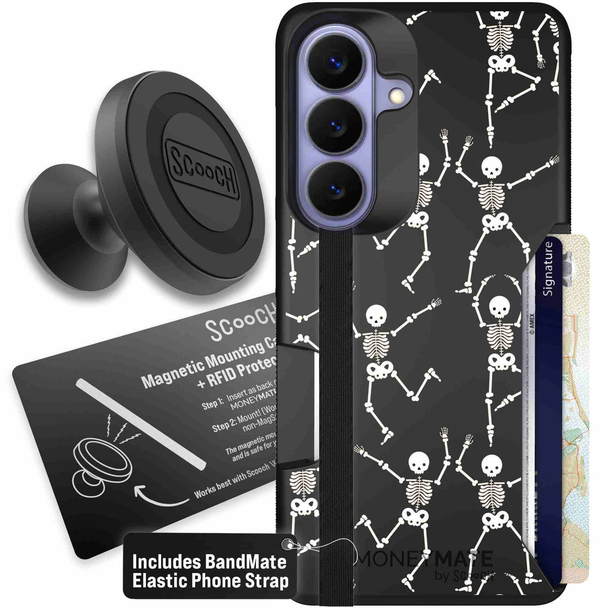 Swinging Skeletons white dancing skeleton pattern on a black Scooch Moneymate case for Galaxy S26 - Starter Bundle