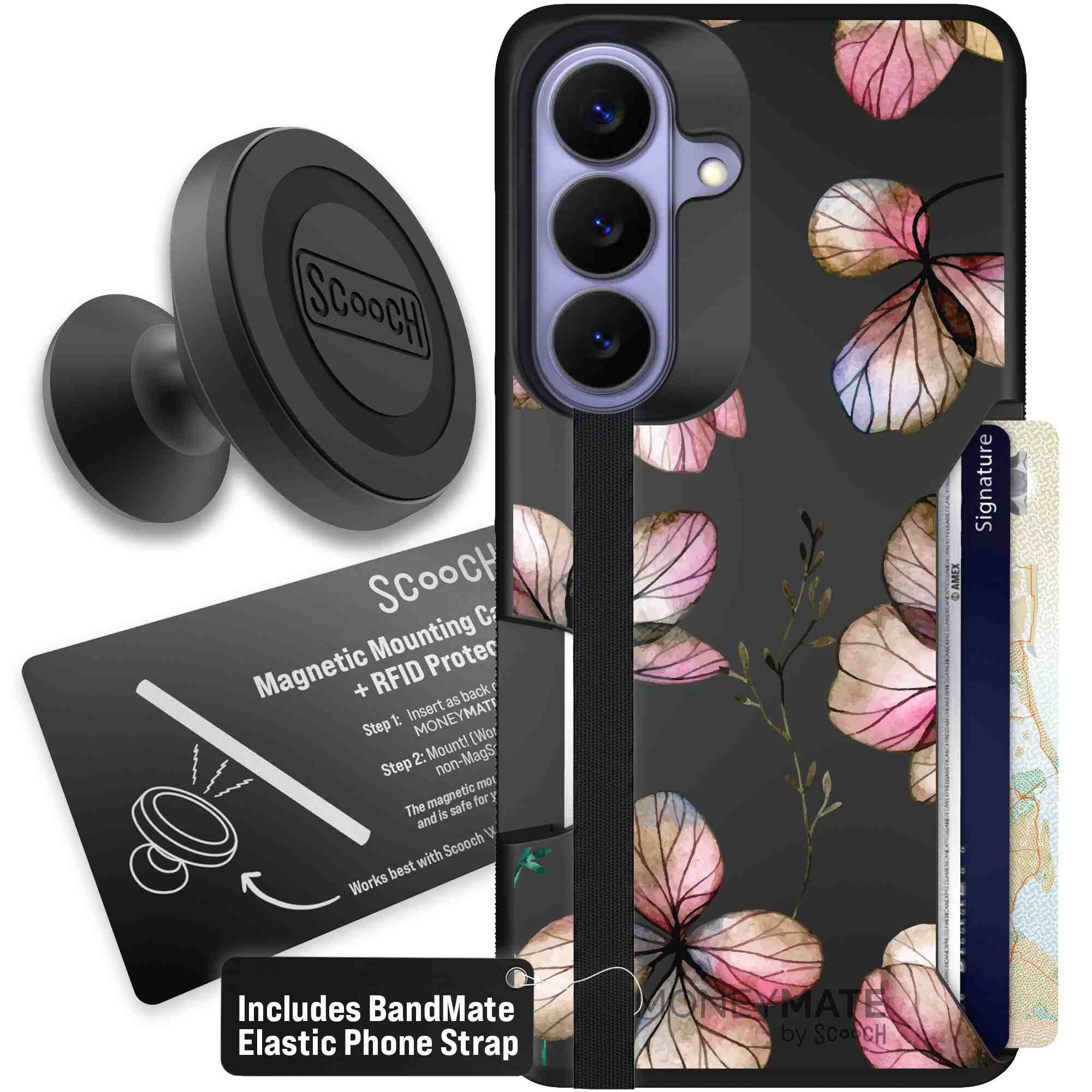 Dried Flowers blush mauve and cream floral pattern on a black Scooch Moneymate case for Galaxy S26 - Starter Bundle