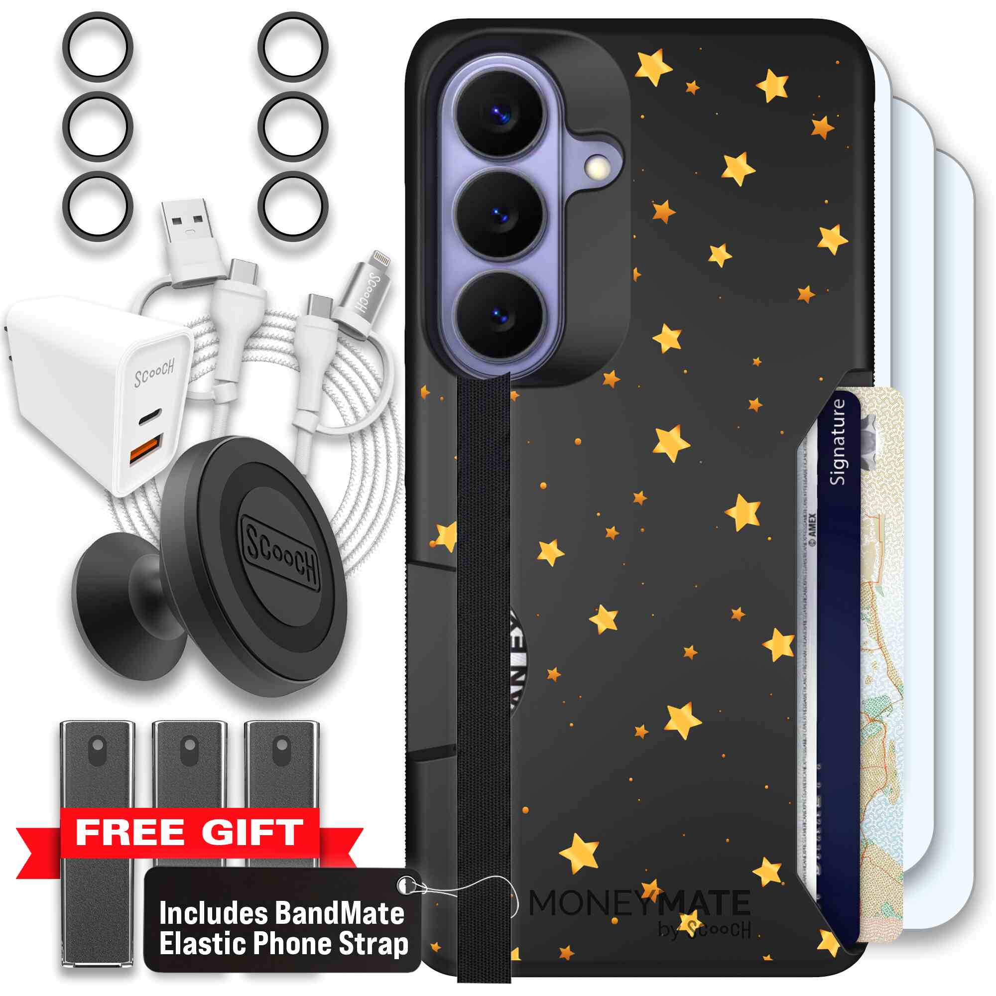 Gold Stars yellow and gold star pattern on a charcoal Scooch Moneymate case for Galaxy S26 - Ultimate Bundle