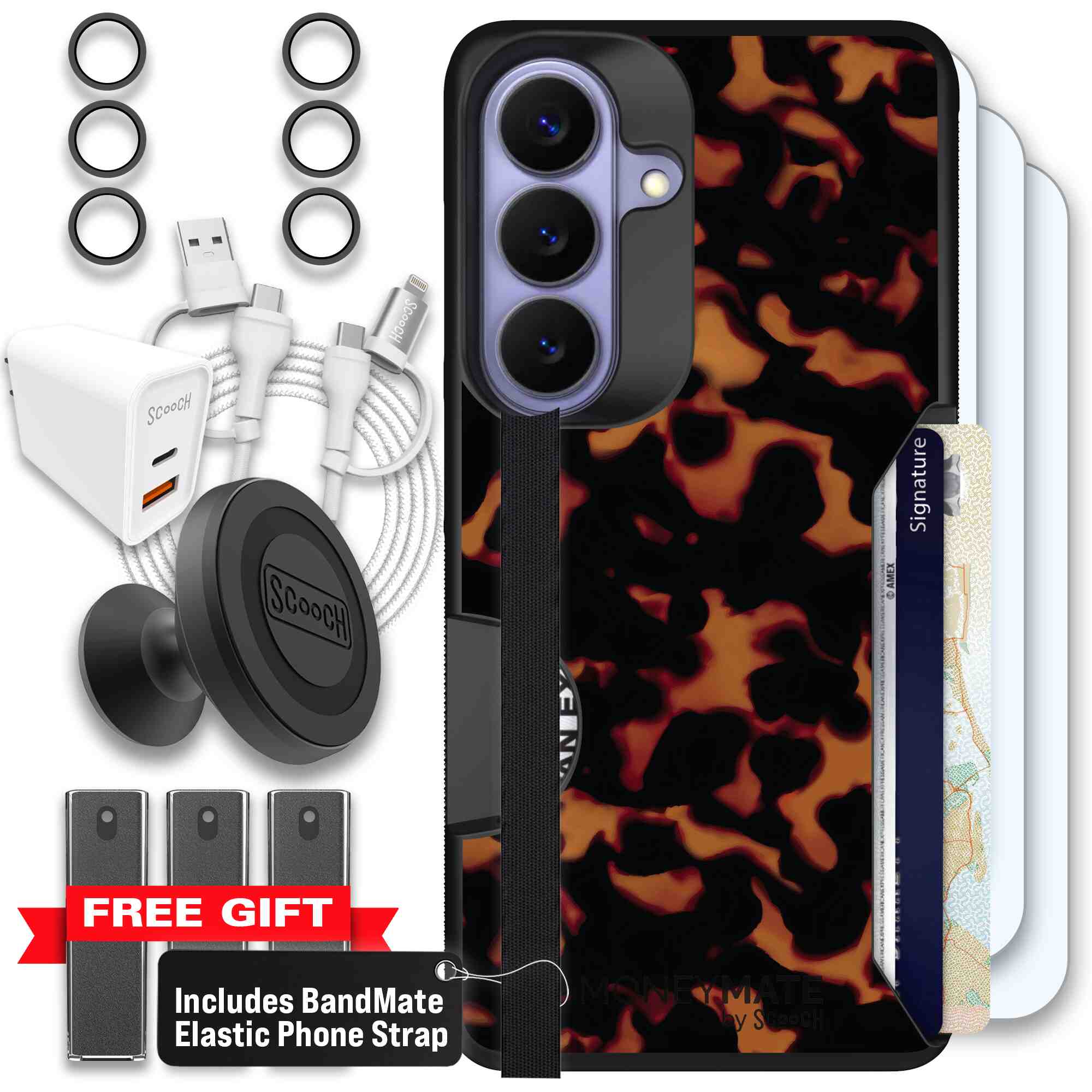 Tortoise Shell amber brown and black mottled pattern on a Scooch Moneymate case for Galaxy S26 - Ultimate Bundle
