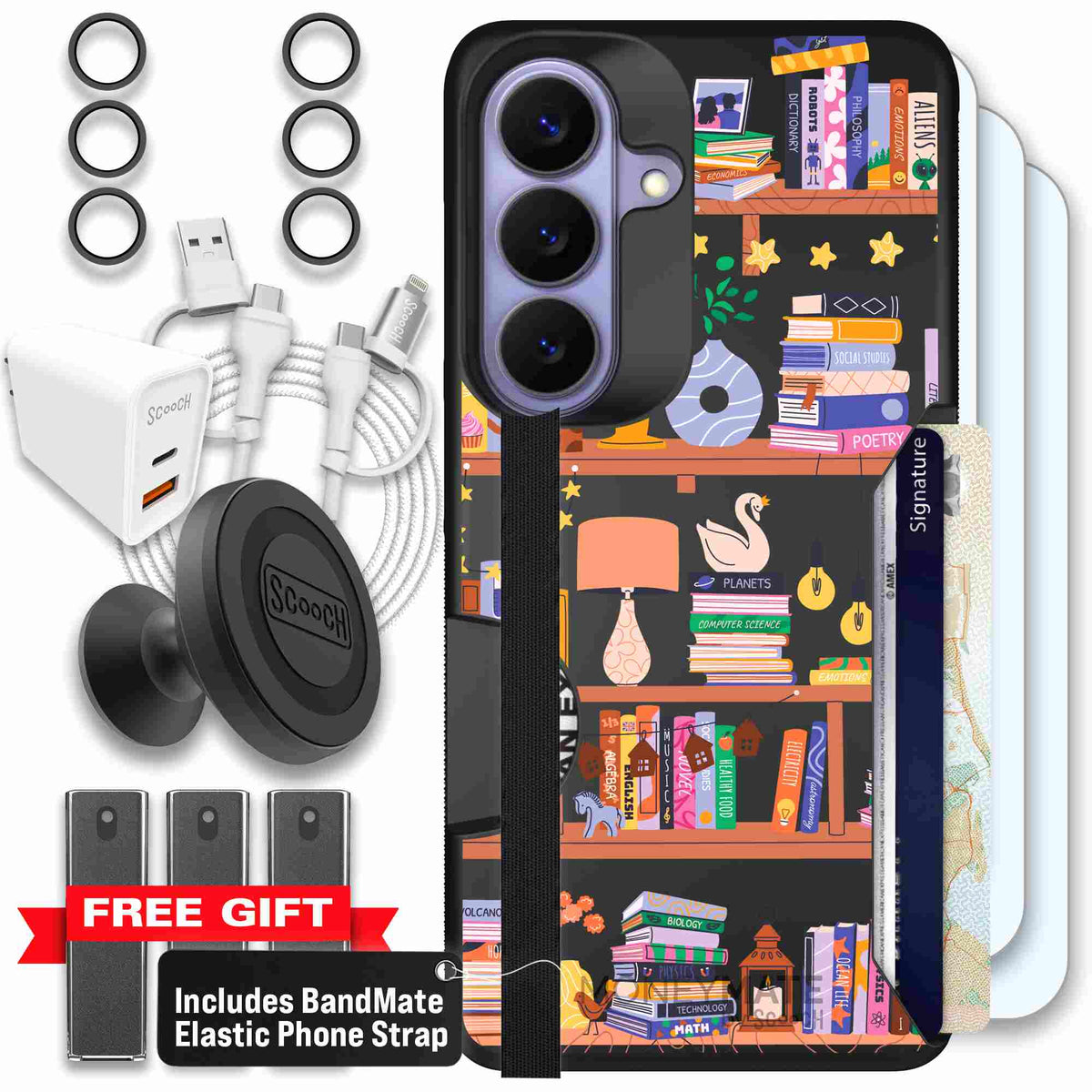 Little Library colorful book and bookshelf pattern on a Scooch Moneymate case for Galaxy S26 - Ultimate Bundle